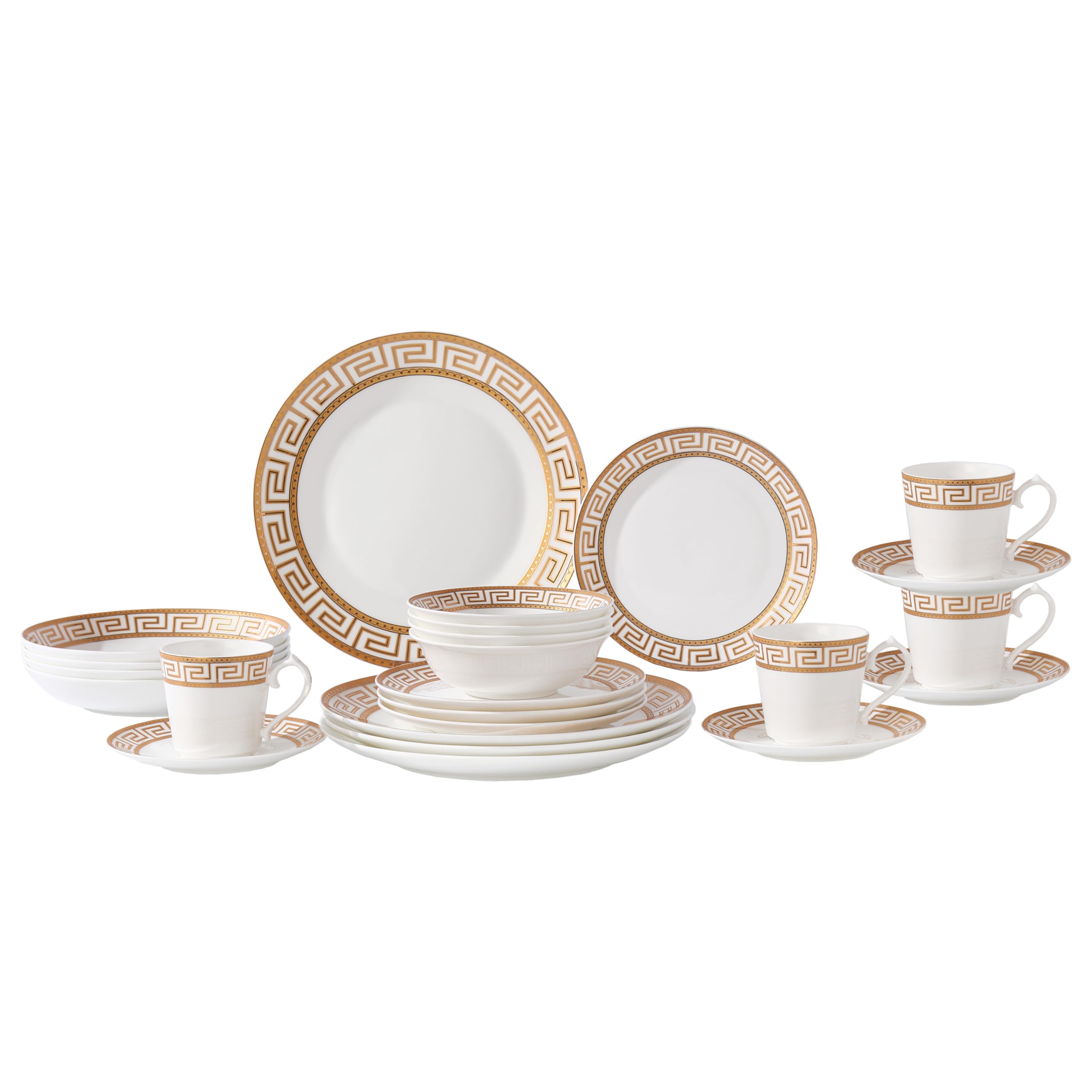 Lorren Home Trends 24 Piece Bone China Dinnerware Set with Gold Greek Key Design, Service for 4, White