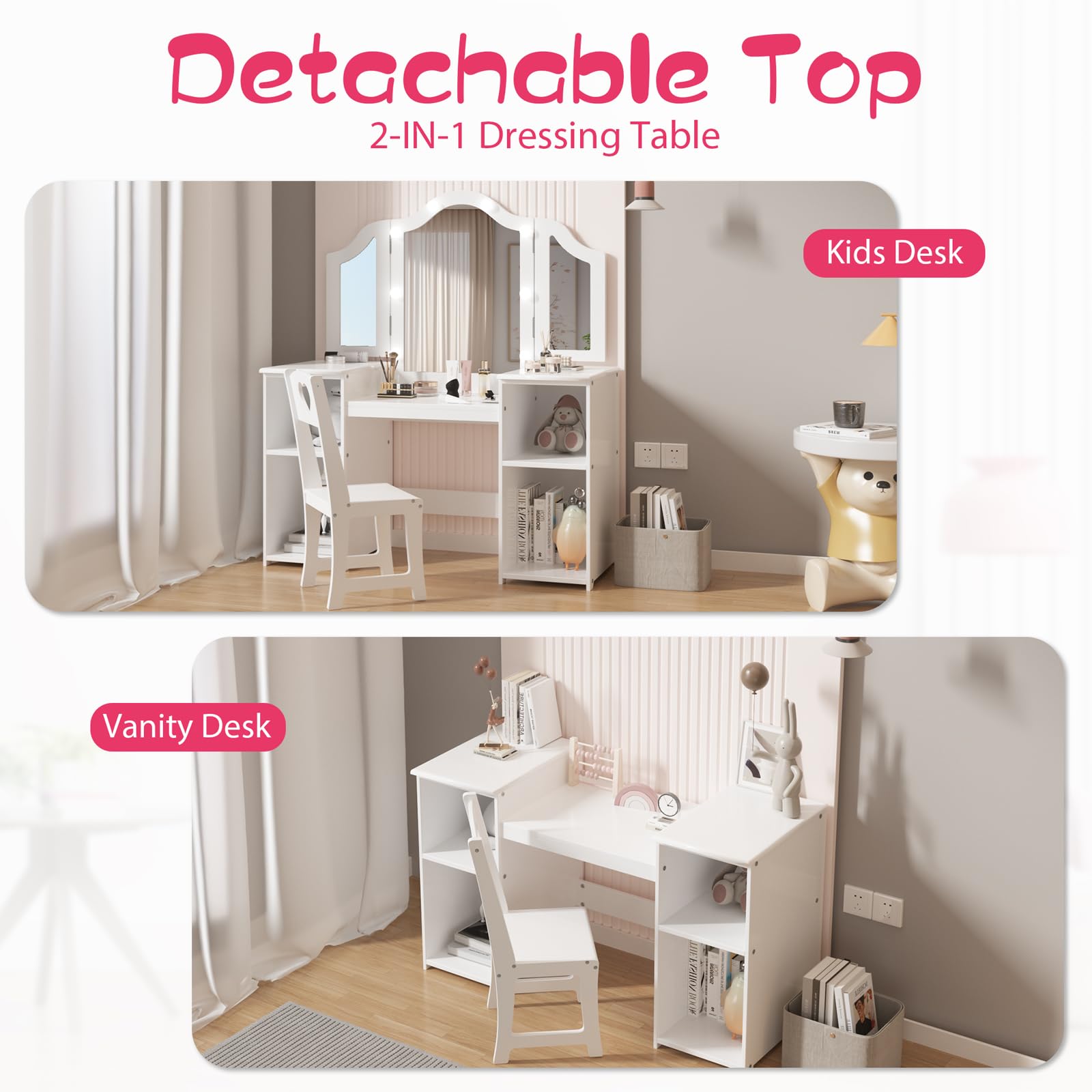 Garvee Kids Vanity Table, Princess Makeup Desk & Chair Set Withtouch Light Detachable Tri-Folding Mirror, Open Storage Shelves, Wooden Girls Vanity Dressing Table, Pretend Play Vanity Set for Toddler