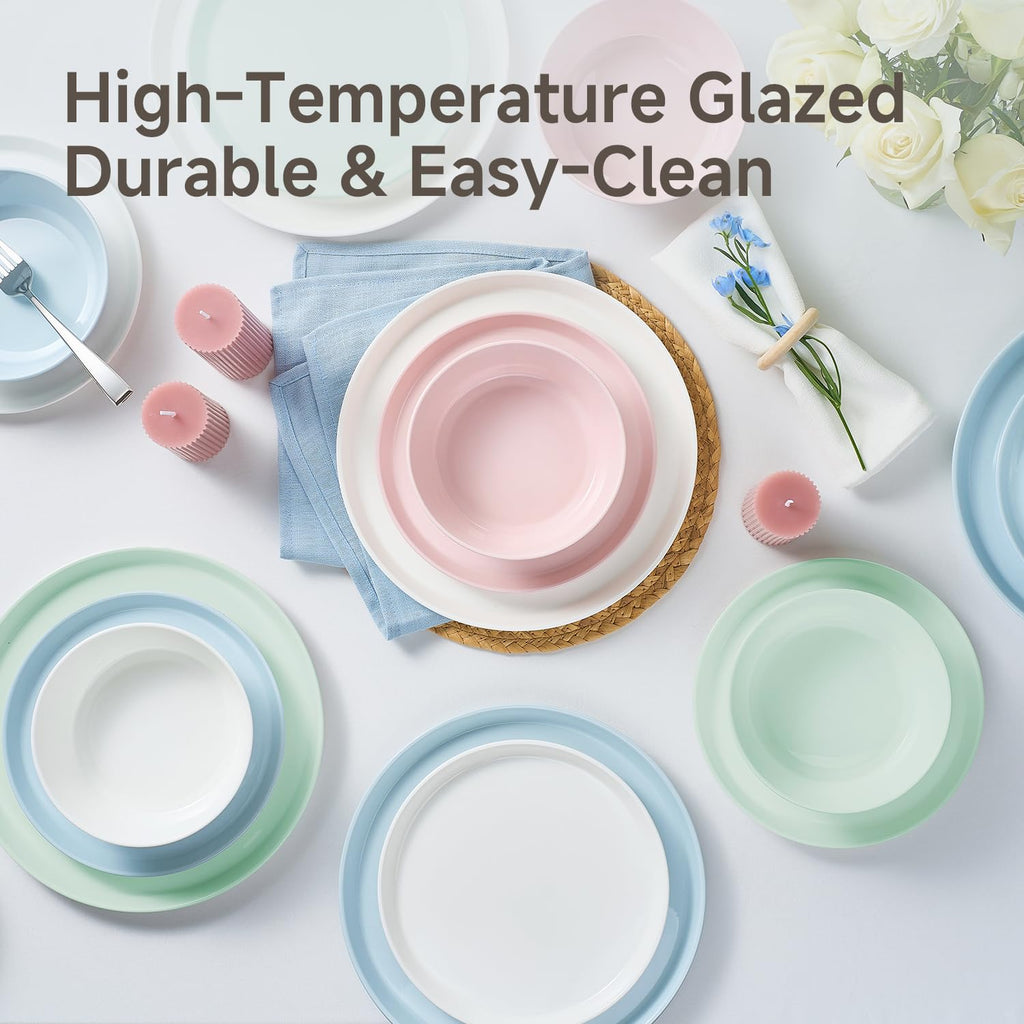 KINGSTONE Bone China Dinnerware Sets for 8, 24-Piece Lightweight Porcelain plates and bowls sets, Scratch Resistant Dish Set, Modern Kitchen Dinner Set, Microwave & Dishwasher Safe, Mint Green