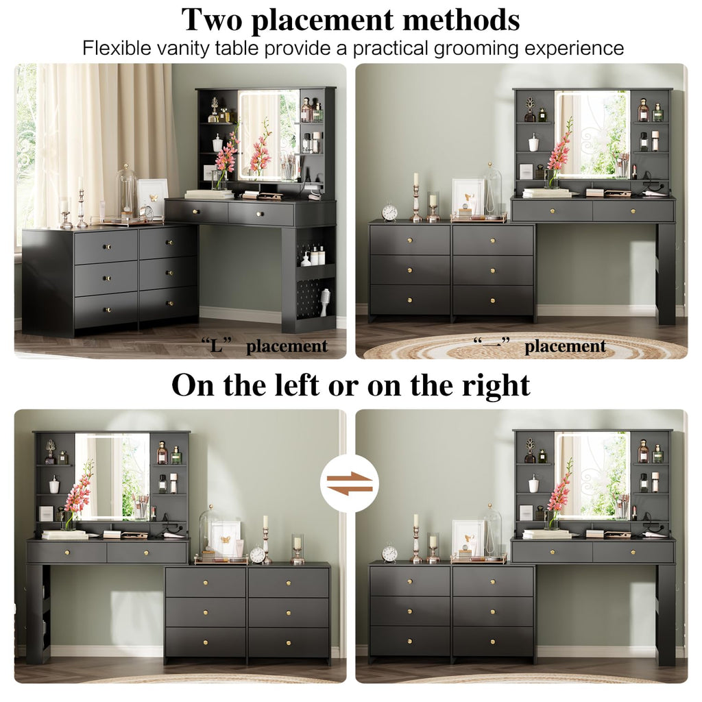 Ieejdn Makeup Vanity Desk with Mirror and Lights, Vanity Desk with 8 Drawers & Storage Shelves, Vanity Table with Power Outlet, 3 Color Modes & Adjustable Brightness Dressing Table, Bedroom,Black
