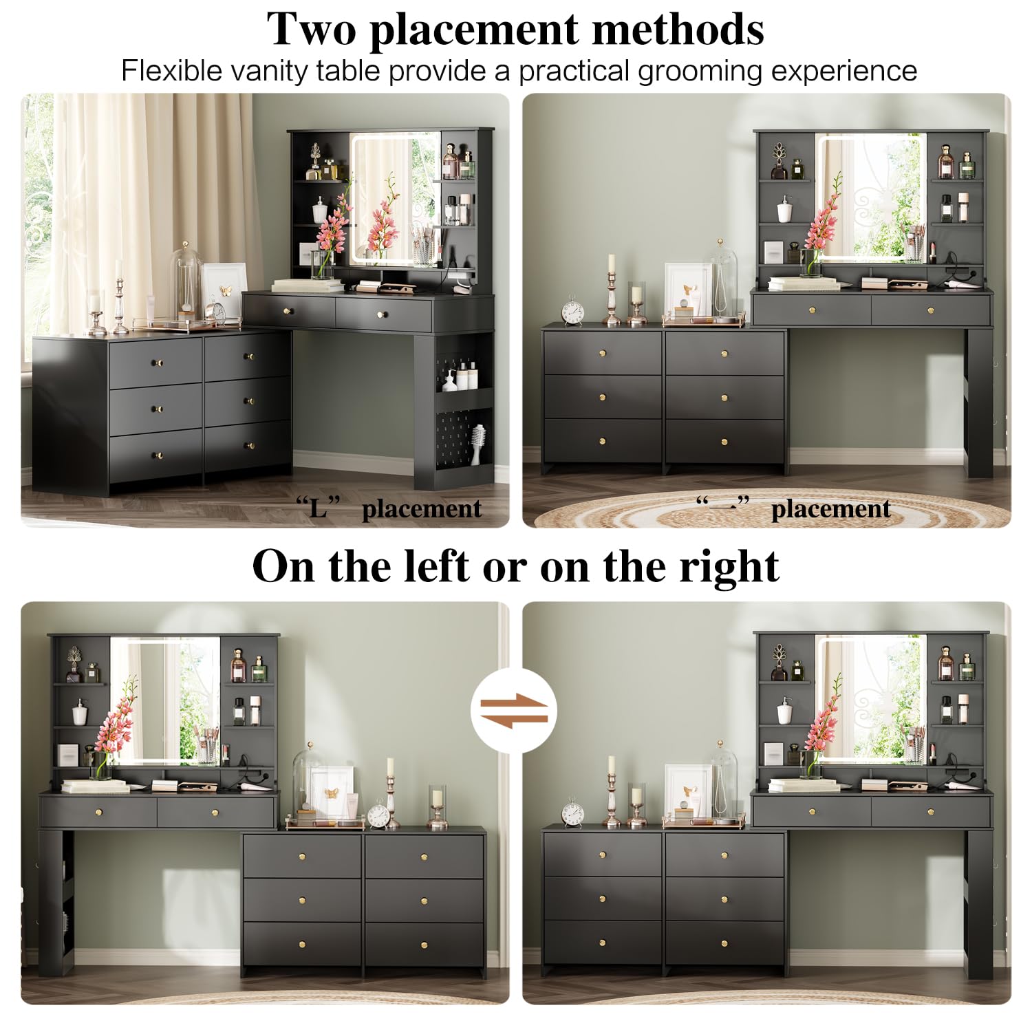 Ieejdn Makeup Vanity Desk with Mirror and Lights, Vanity Desk with 8 Drawers & Storage Shelves, Vanity Table with Power Outlet, 3 Color Modes & Adjustable Brightness Dressing Table, Bedroom,Black