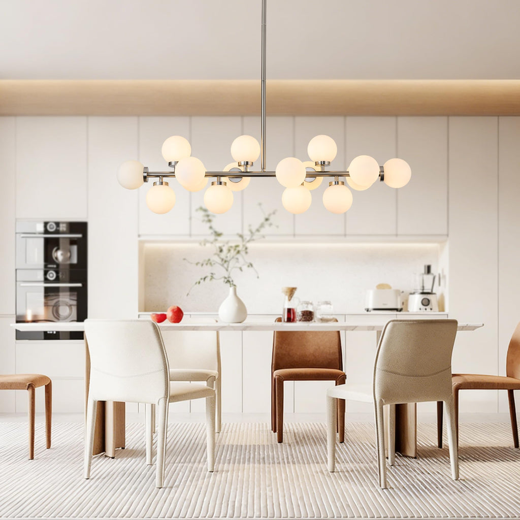 Linear Chandeliers Modern Brushed Nickel Chandeliers for Dining Room 16-Lights and White Glass Pendant Lighting Mid Century Globe Dining Light Fixture for Living Room Kitchen
