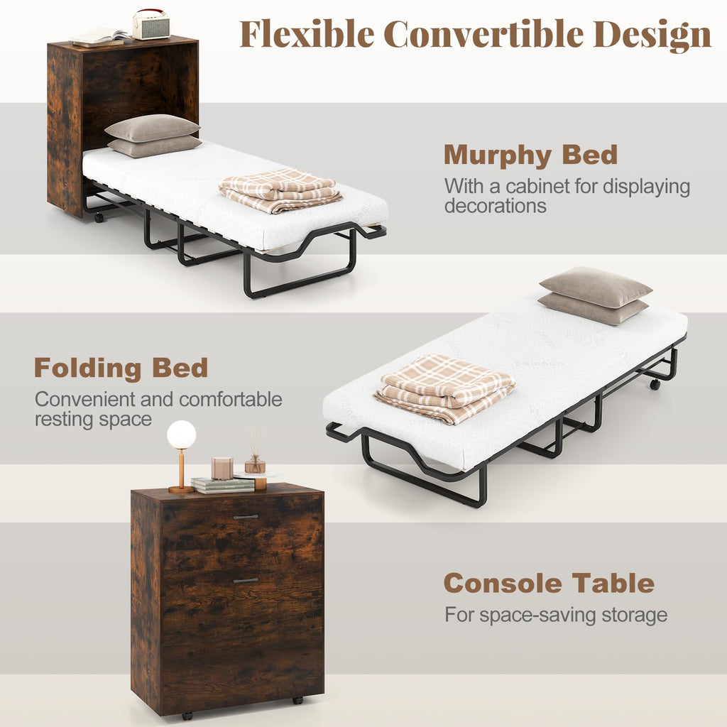 Giantex Murphy Bed Cabinet with Mattress - 74" x 31" Cot Size Folding Bed w/Storage, Metal Frame & Lockable Rolling Wheels, Space-Saving Roll Away Beds with Mattresses for Adults Guests (Rustic Brown)