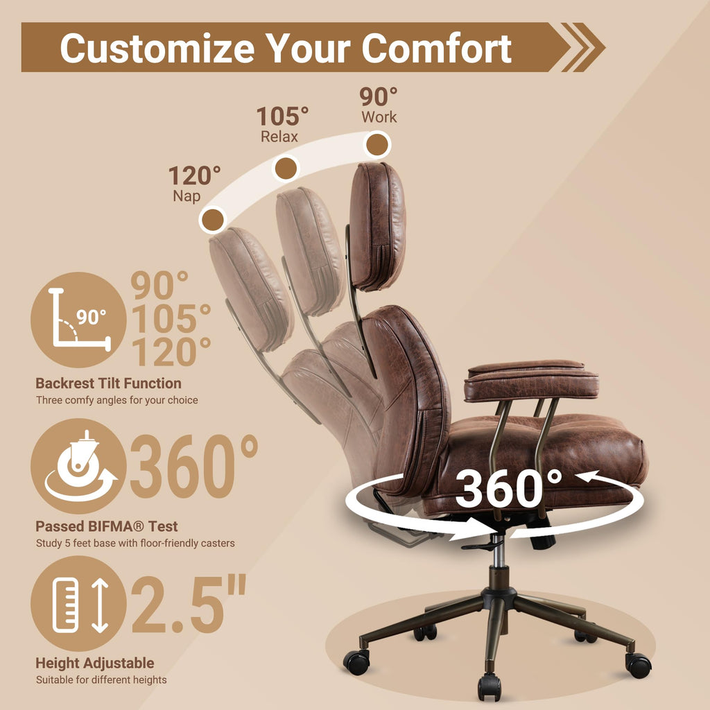 Home Office Chair,Ergonomic Computer Chair with Lumbar Support Adjustable Height,Mid-Century Modern Office Chair with Rolling Swivel Chair for Home Office Game Study(Suede Leather Chair,Dark Brown)