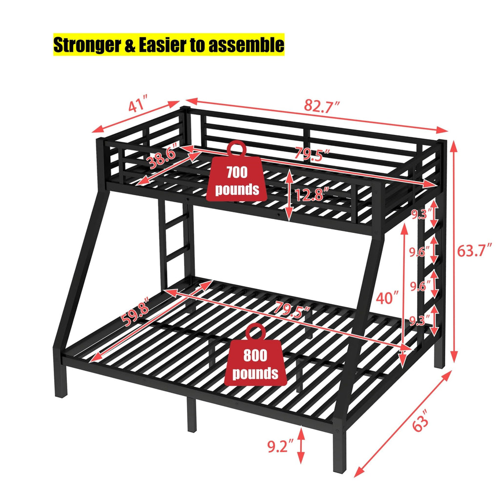 LEEKAF Stronger & Higher Quality Heavy Duty Bunk Bed Twin XL Over Queen Size Bunkbed, Thickened Safer More Stable Steel Metal Queen Bunk Bed (Faster Assembly) (Twin XL Over Queen)