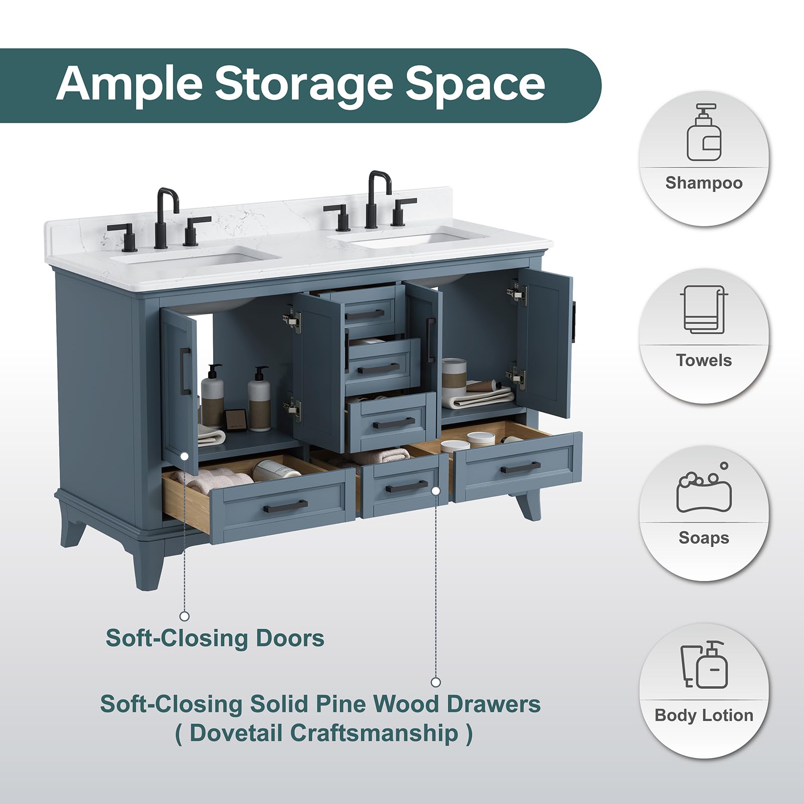 DELUXE LIVING 60 Inch Bathroom Vanity Double Sink, Fully Assembled Solid Wood Frame Double Sink Bathroom Vanity with Soft Closing Doors & Full Extension Dovetail Drawers, Quartz Top, Steel Blue