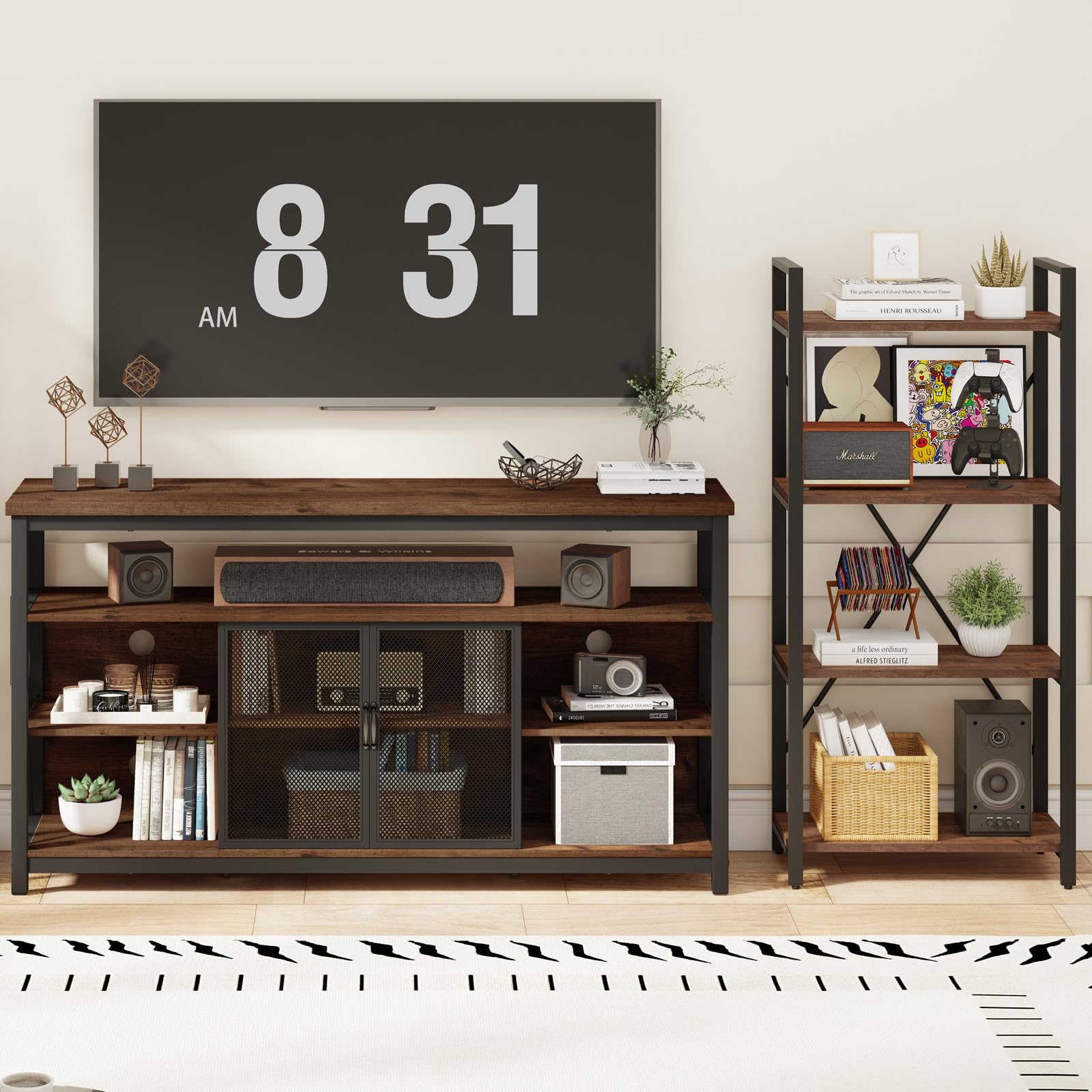 BON AUGURE Tall TV Stand for TVs up to 65 Inch, Industrial Wood Entertainment Center with Storage Cabinet, Farmhouse TV Media Console for Living Room and Bedroom (32 Inch High, Rustic Oak)