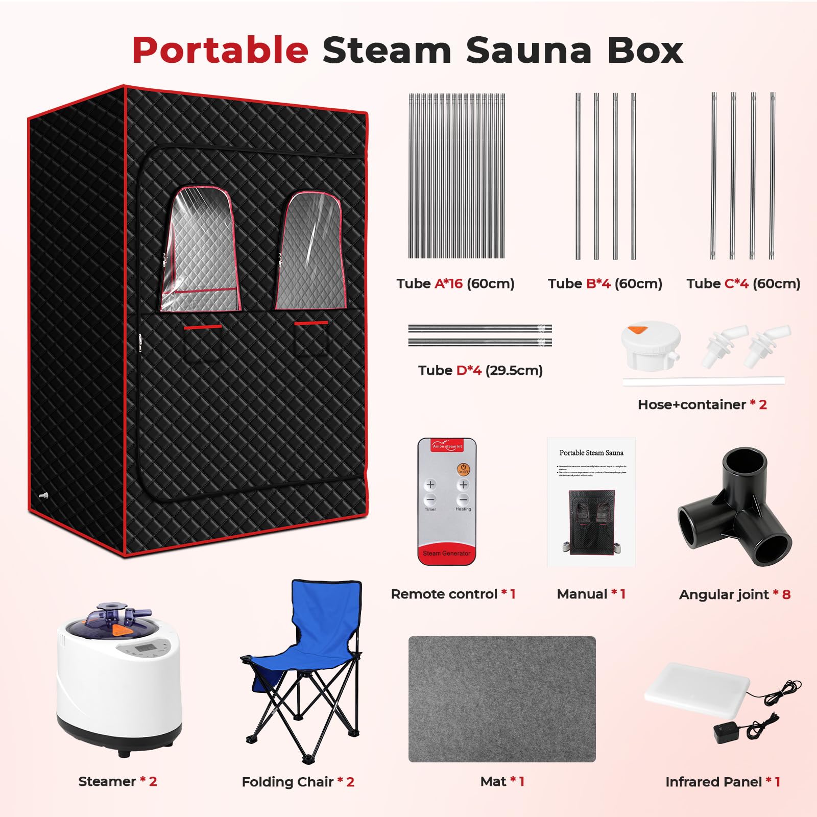 Morfone 2 Person Portable Infrared Steam Sauna with 660nm Red Light Therapy Lamp & 2 Steamers 2 Folding Chairs, Full Body Sauna Spa Tent at Home for Relaxation, 71"x 49"x 36",Black