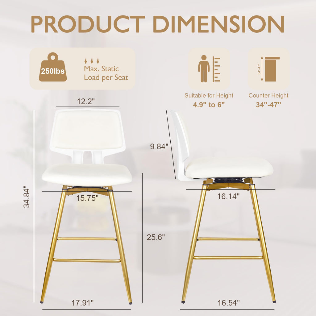VECELO Swivel Upholstered Bar Stools Set of 4, Counter Height Barstools with Back, Metal Legs, 35.2-Inch Tall Barstools for Kitchen Island, Home Bar, Cafe, White