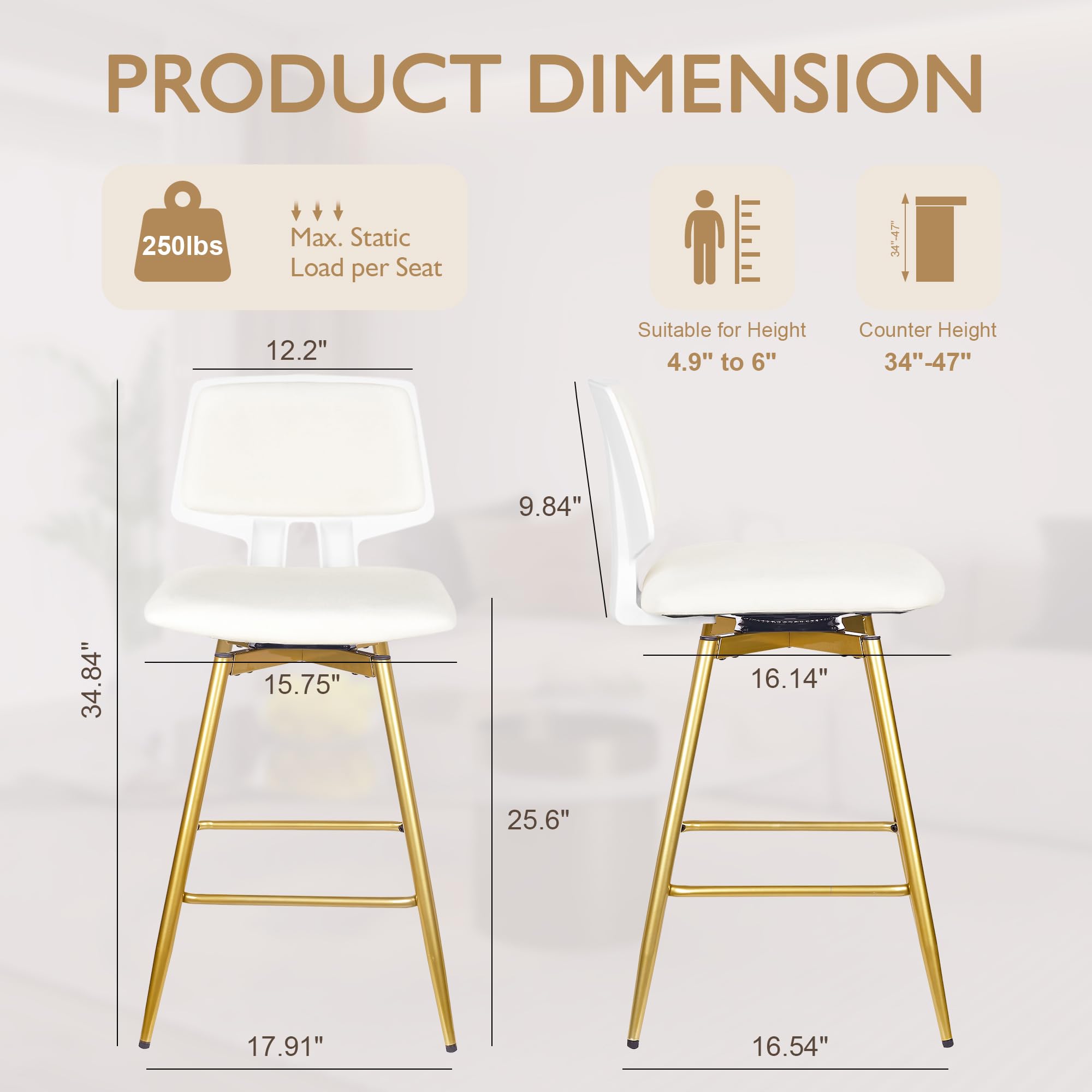 VECELO Swivel Upholstered Bar Stools Set of 4, Counter Height Barstools with Back, Metal Legs, 35.2-Inch Tall Barstools for Kitchen Island, Home Bar, Cafe, White