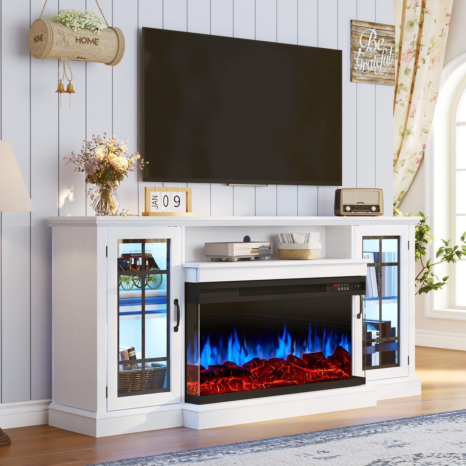 OneBlis 70 Inch Fireplace TV Stand for TVs up to 80", Rustic Media Entertainment Center Console Table with Glass Door Closed Storage, 3-Sided Glass Fireplace, White