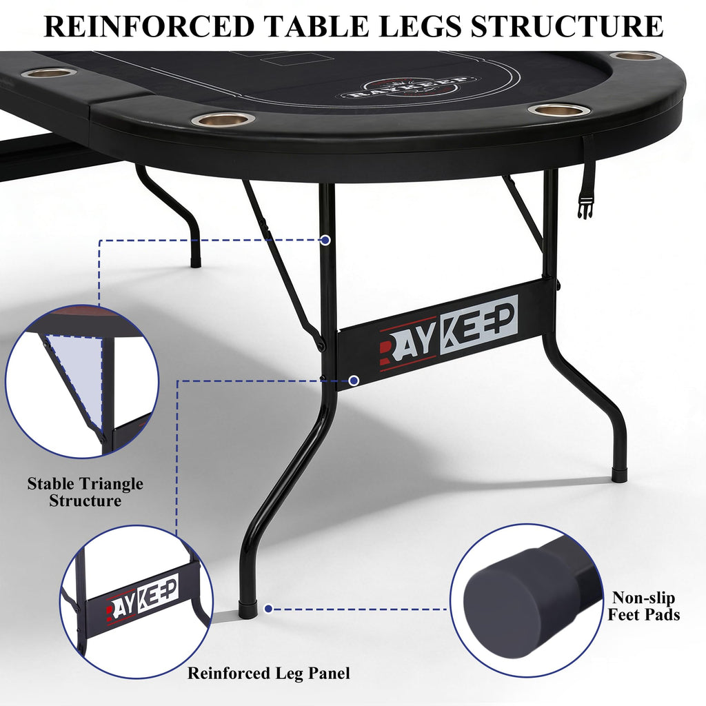 RAYKEEP 84" Poker Table for 10 Players, Foldable Texas Holdem Table with Padded Rails & 10 Cup Holders, Portable Casino Board Game Table for Game Room, Blackjack, Party (Black)