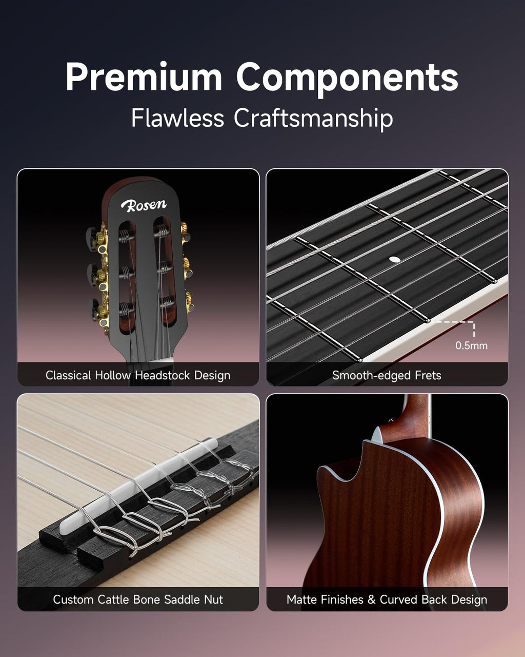 Rosen V1 Hybrid Acoustic Guitar for Beginners Adults Patented Body with Solid Spruce Top & Soft Touch Strings Thin Neck & Open Pore Matte 38 Inch,Black