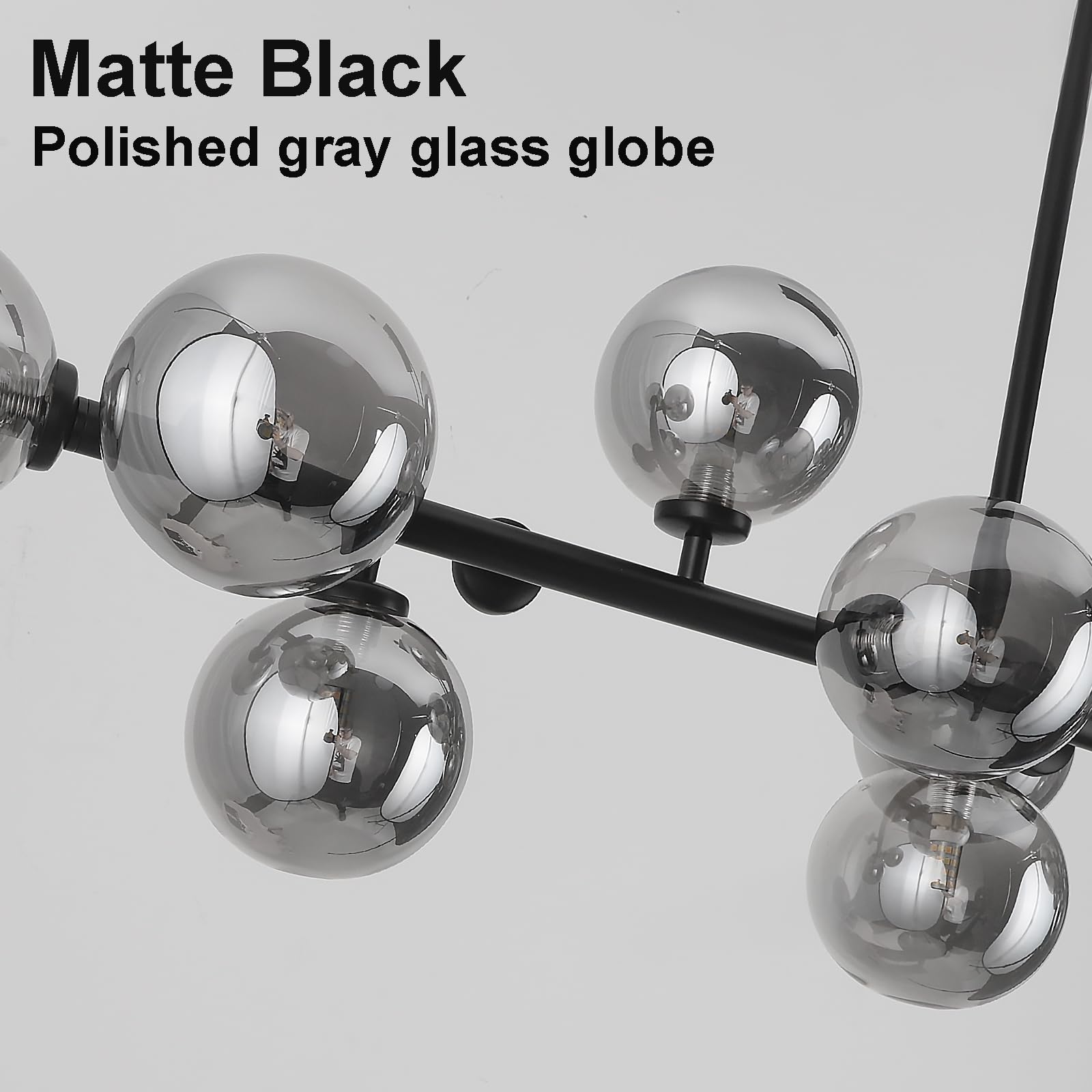 APLampara Mid Century Modern Chandelier 55in Linear Bubble Chandeliers 16-Light Black & Gray Sputnik Pendant Lighting Fixture for Dining Room Kitchen Island
