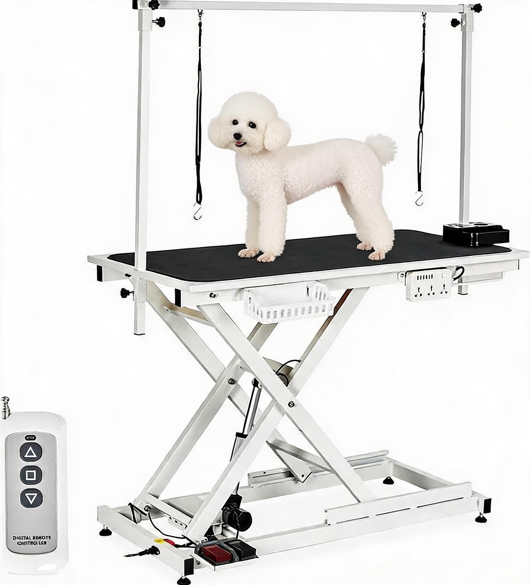 MilleLoom 50" Electric Dog Grooming Table for Home, Heavy Duty Height Adjustable Pet Wash Station with Arm, Portable Non-Slip Tabletop, Tool Organizer & USB Outlet, Supports 300lbs for All Pets