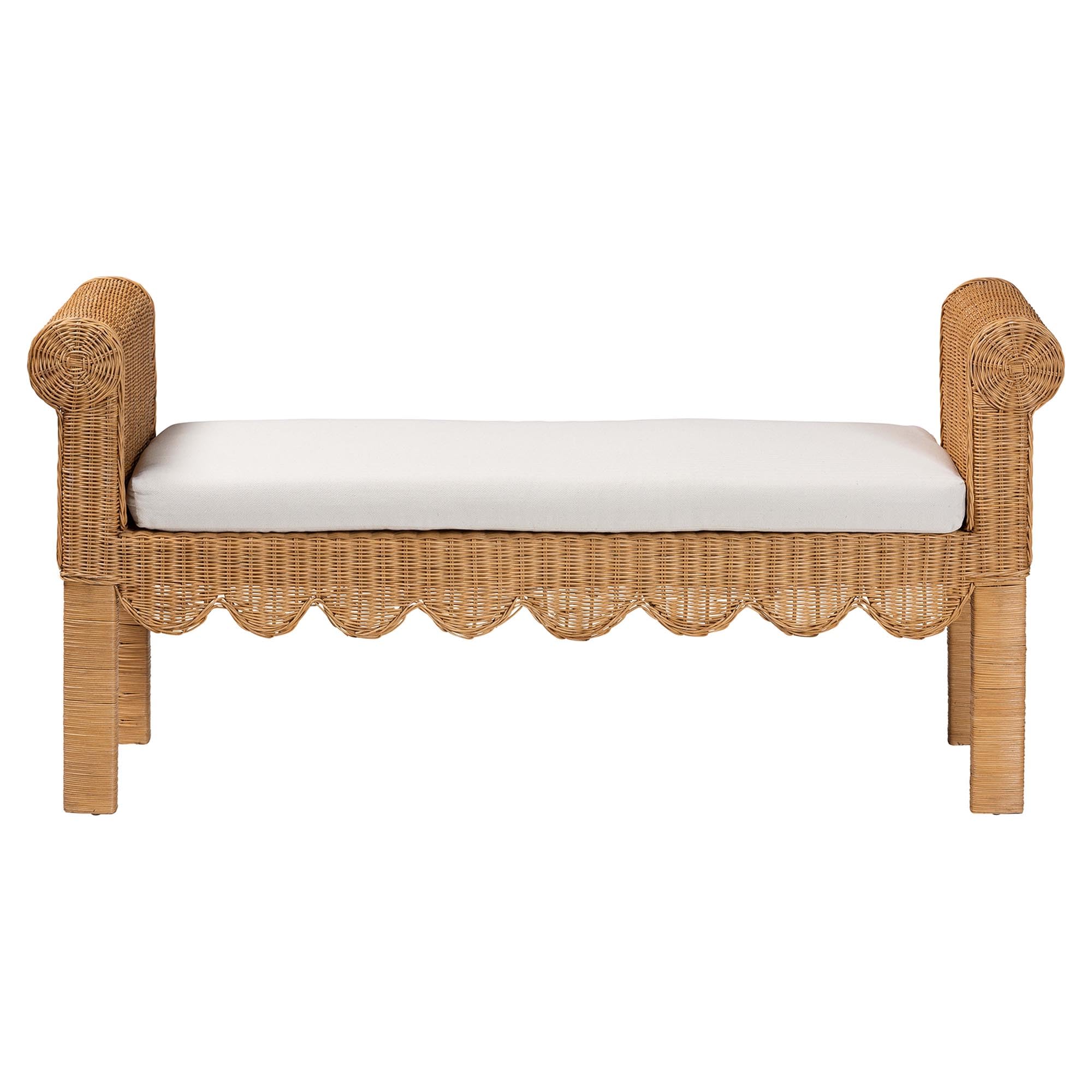 Bali & pari Reiko Handwoven Natural Rattan Bench with Scalloped Detailing – Boho Farmhouse Entryway, Bedroom, or Living Room Accent Seating