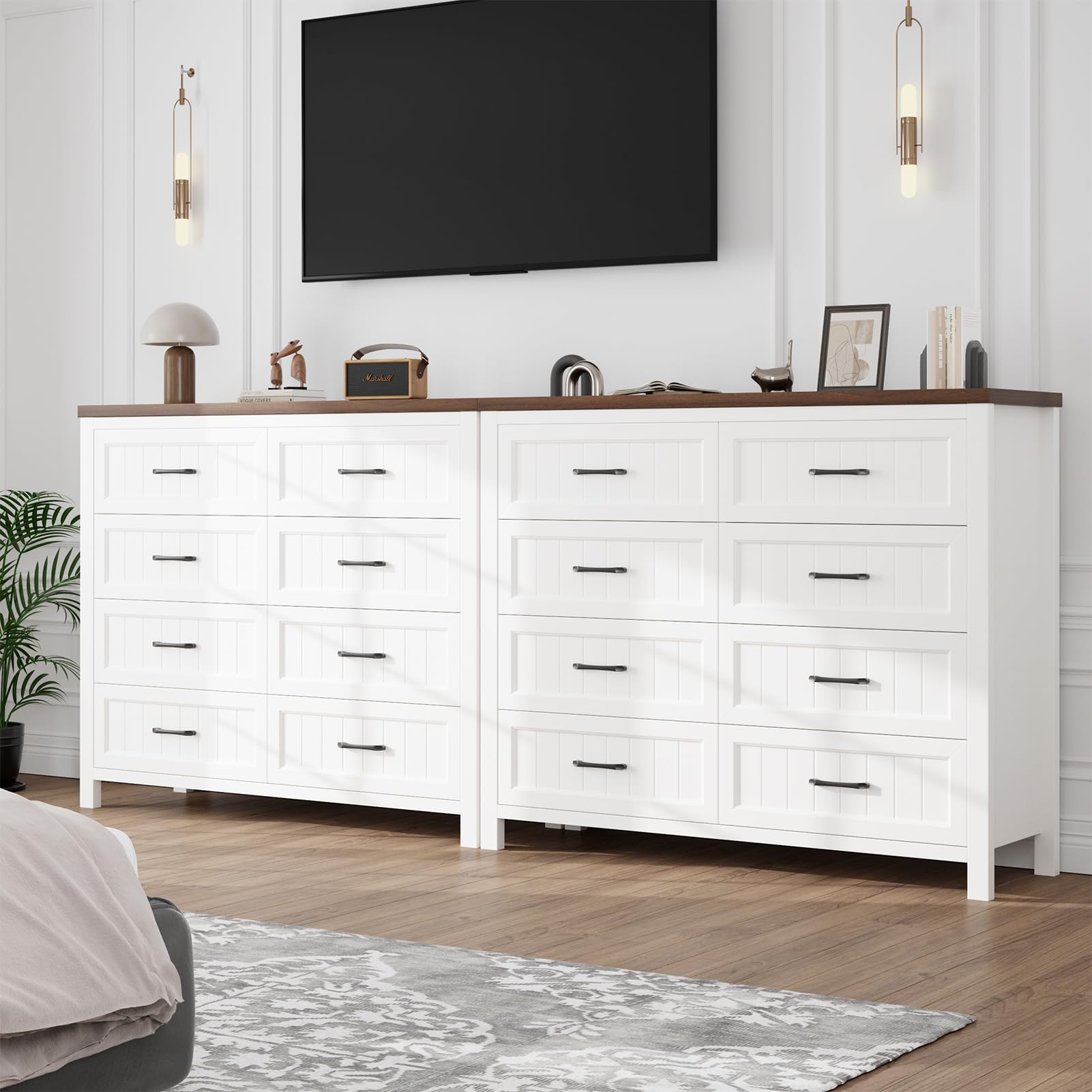 Jocoevol Farmhouse Dresser 8 Drawer Dresser for Bedroom, Large Wooden Dressers Double Grey Dresser with Deep Drawers Dressers for Hallway, Entryway (White and Brown)