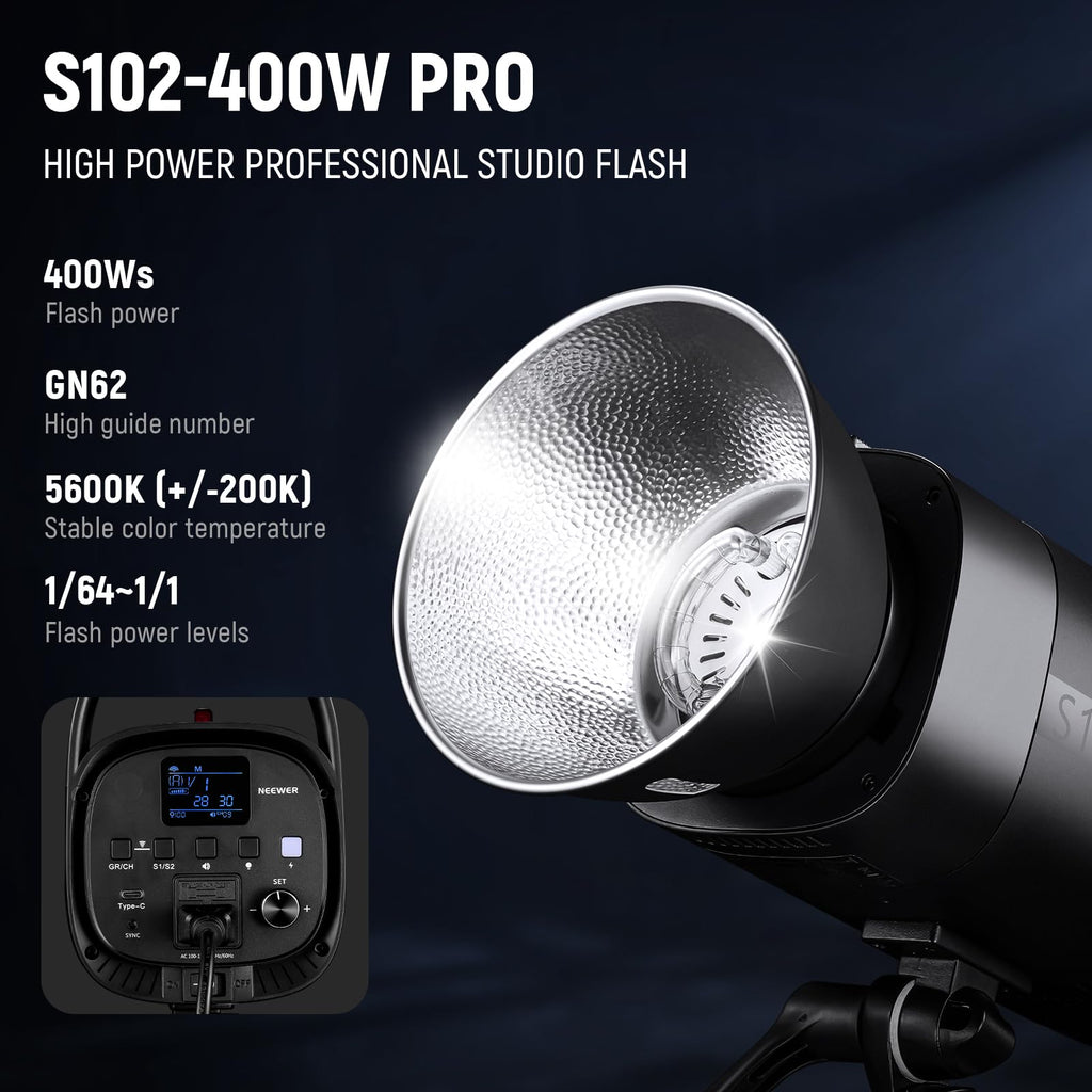 NEEWER Photo Studio Backdrop Support System + S102-400W PRO Flash Lighting Kit (2 Pack) with Light Stands, Bowens Mount Softboxes, 5 in 1 Reflector, Bag, Background Stand with Max Load 8.8lb/4kg