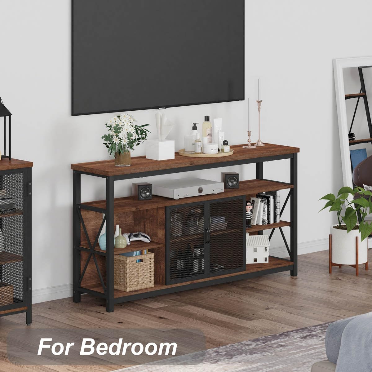 BON AUGURE Tall TV Stand for TVs up to 65 Inch, Industrial Wood Entertainment Center with Storage Cabinet, Farmhouse TV Media Console for Living Room and Bedroom (32 Inch High, Rustic Oak)