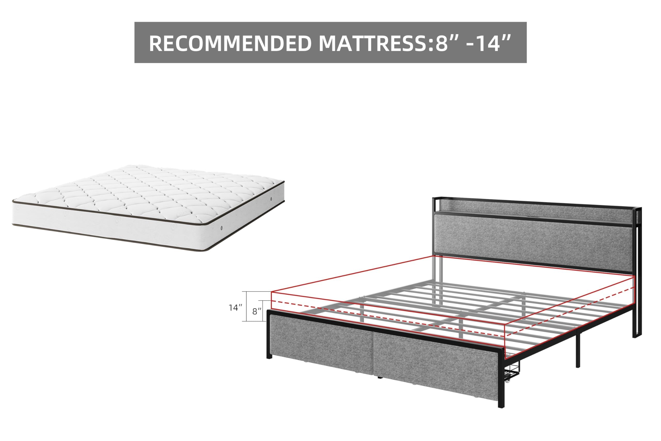 Garvee King Size Bed Frame with 2 Storage Drawers and USB Ports, Upholstered Platform Bed with Headboard, Sturdy & Noise Free, Under Bed Storage, No Box Spring Needed, Gray
