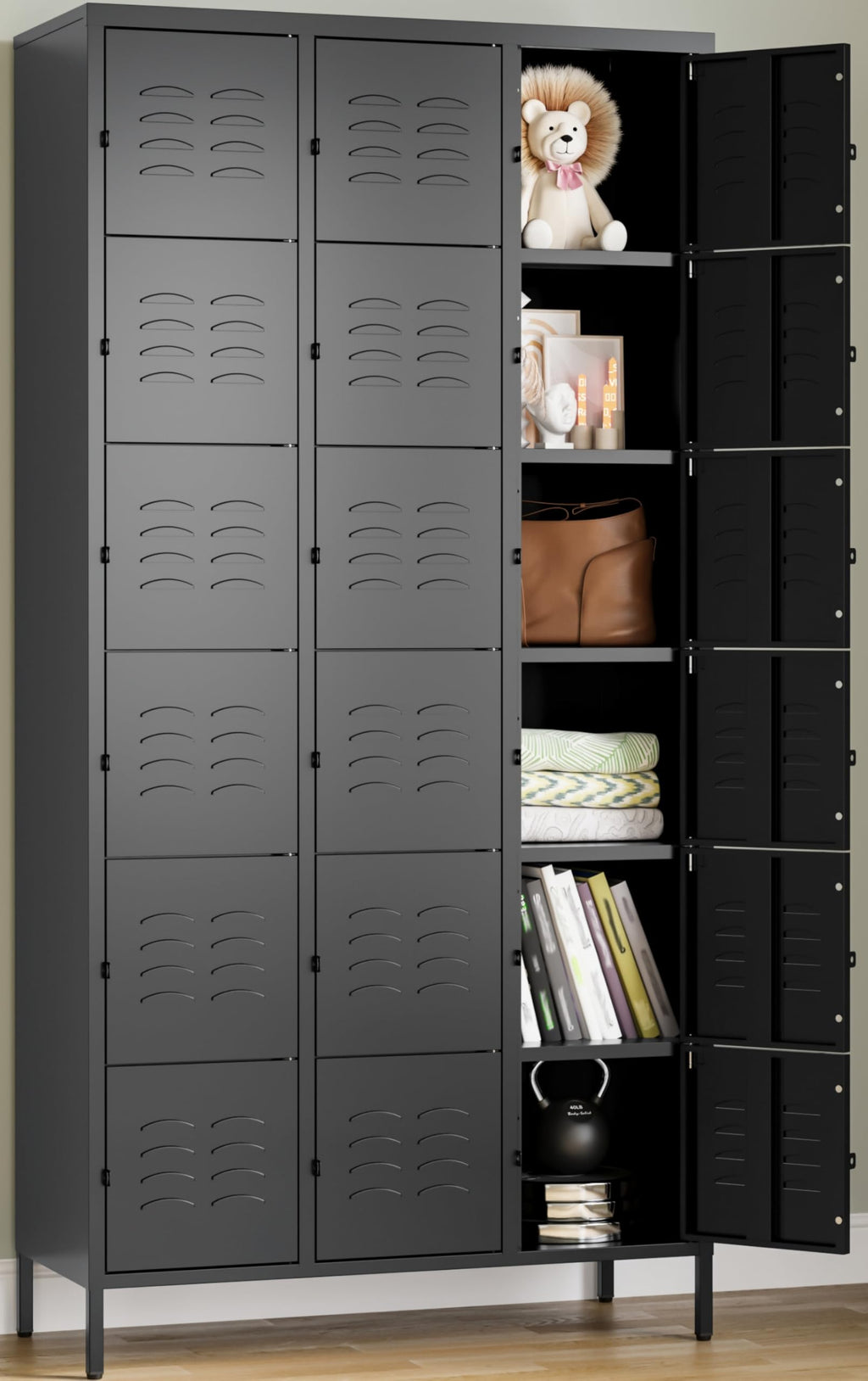SISESOL Metal Lockers for Employees,Lockable Storage Locker with Shelf,Large Lockers for Storage with Leg,Gym Locker,Steel Employee lockers for Home Office School Gym Garage (Black,18 Door)