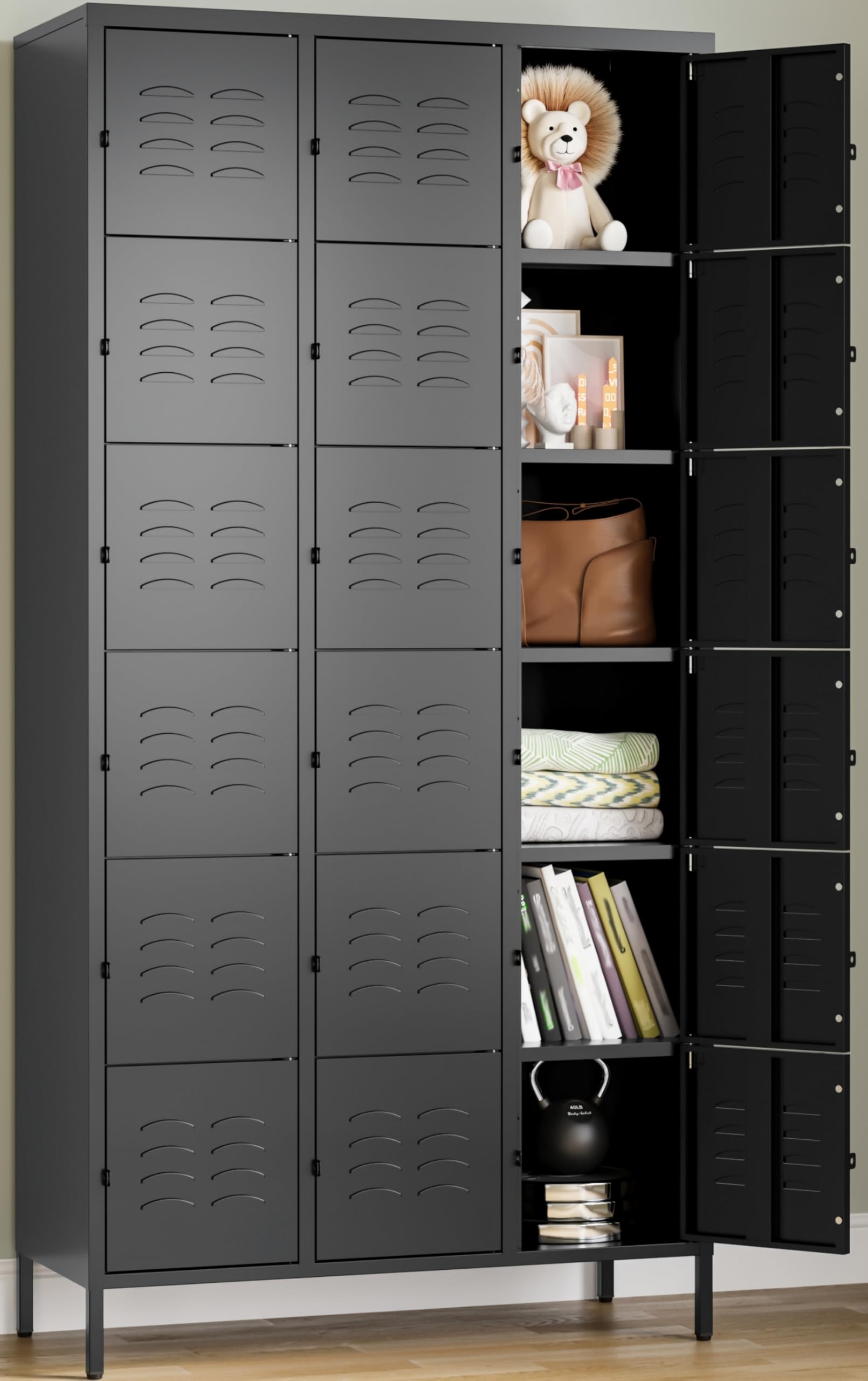 SISESOL Metal Lockers for Employees,Lockable Storage Locker with Shelf,Large Lockers for Storage with Leg,Gym Locker,Steel Employee lockers for Home Office School Gym Garage (Black,18 Door)