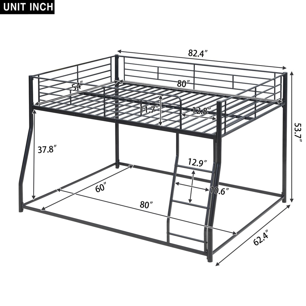 Bellemave Metal Full XL Over Queen bunk Bed, Floor Twin XL Over Queen Bunk Bed Frame with Ladder and Guardrails,Black no slats