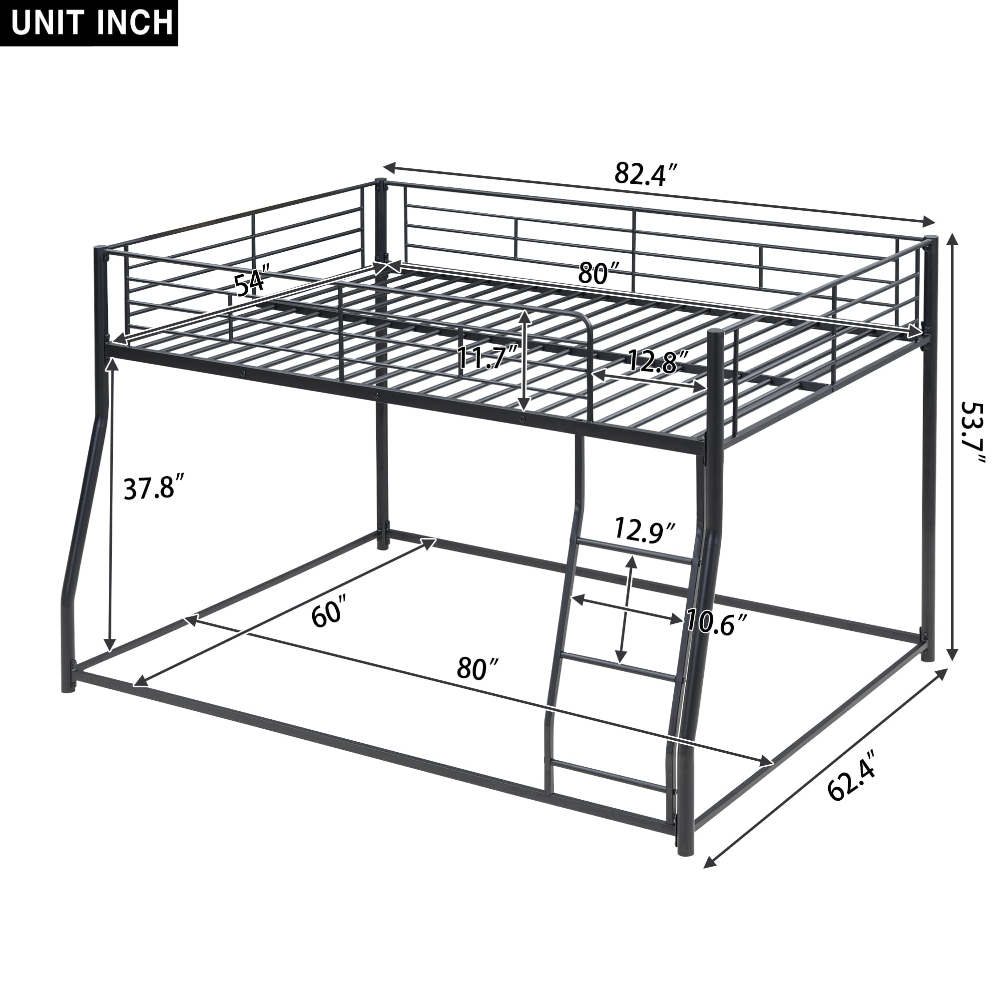 Bellemave Metal Full XL Over Queen bunk Bed, Floor Twin XL Over Queen Bunk Bed Frame with Ladder and Guardrails,Black no slats