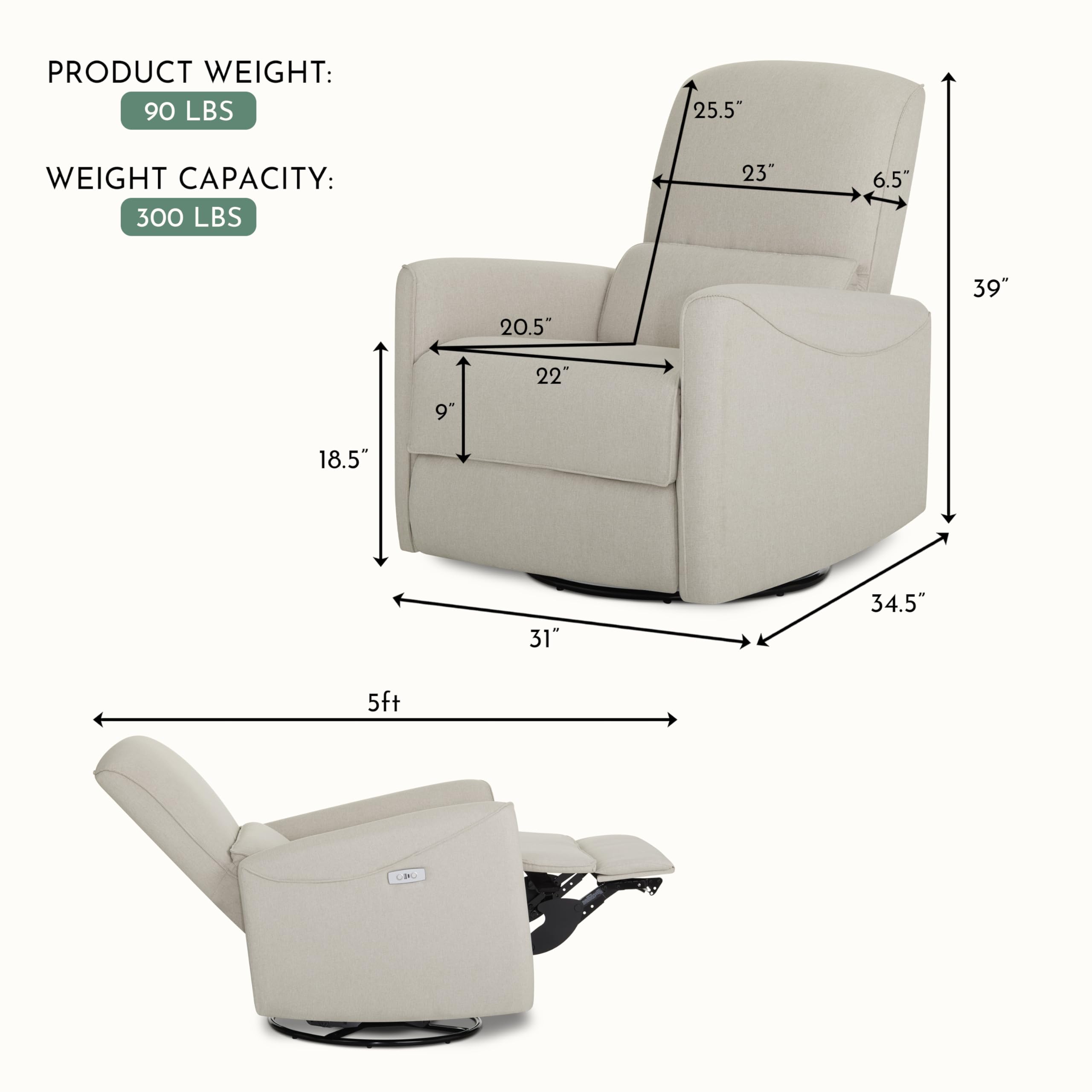 Evolur Belmont Nursery Glider Chair with Massager in Light Sand, Power Recliner with 275° Swivel, Lumbar Support Modern Rocking Chair for Baby Room, Nursery & Living Room
