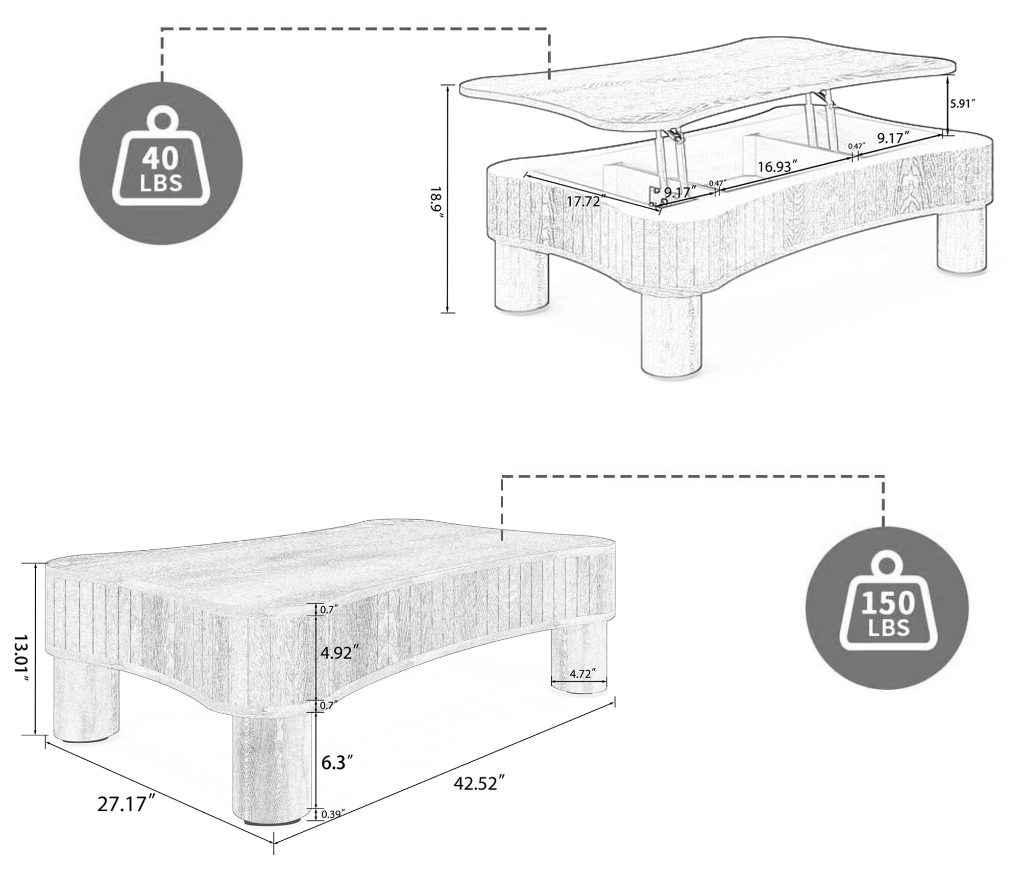 GDFStudio Zurnes Lift Top Coffee Table with Storage, 42" Accent Table for Living Room, Fluted Panel Hidden Storage, Silent Hydraulic Lift, Curved Corners, Easy Assembly, Light Brown