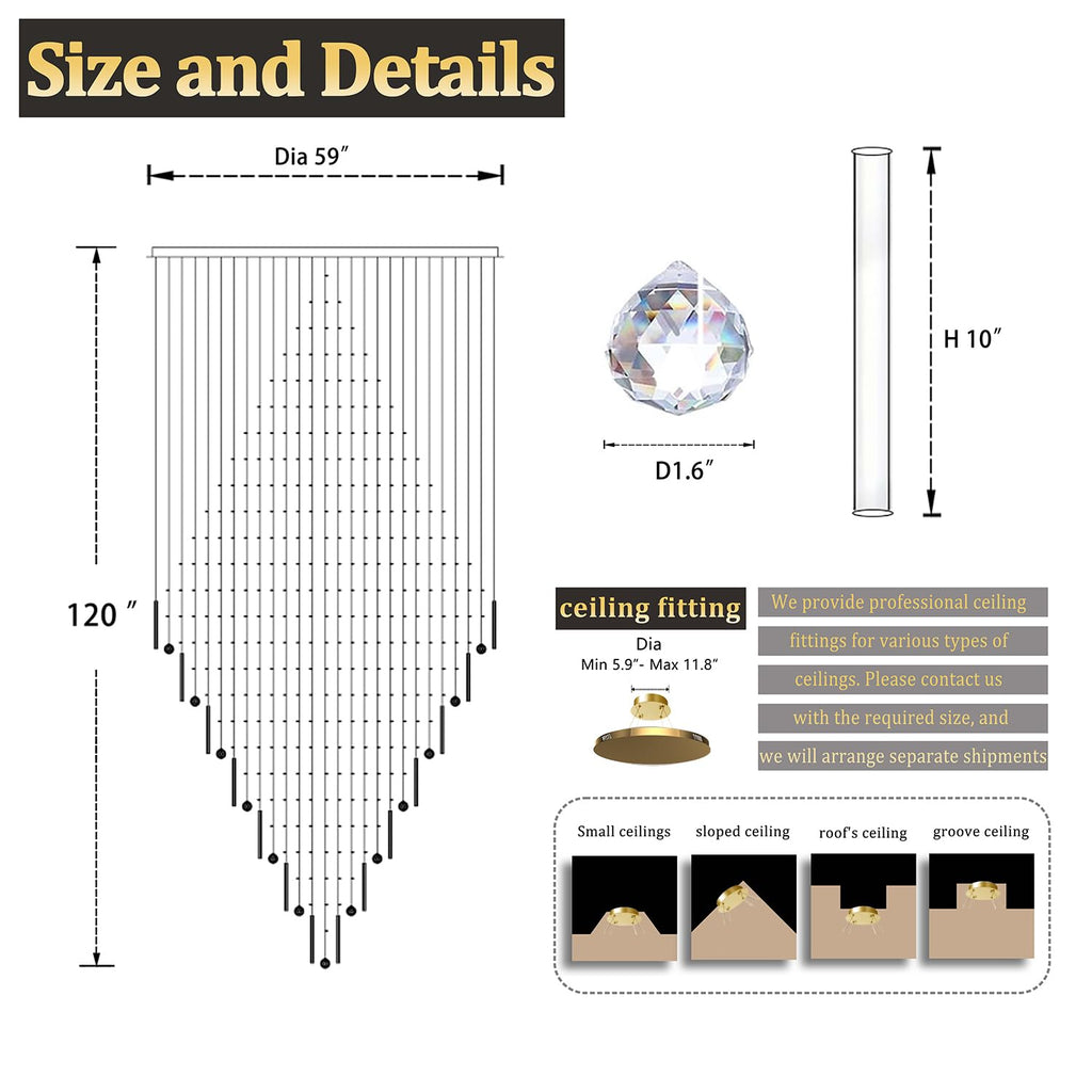 Flashing God D59''X H120'' Large Chandelier for High Ceiling, Modern Crystal Chandeliers Lighting Fixture Raindrop Chandelier for Entryway Staircase Foyer Living Room