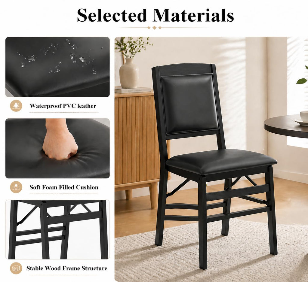 POWERSTONE Folding Chairs Set of 4 with Padded Seat, Foldable Kitchen Dining Chair with Solid Wood Frame, No Assembly Space Saving Design for Home Living Room Small Space (4, Black)