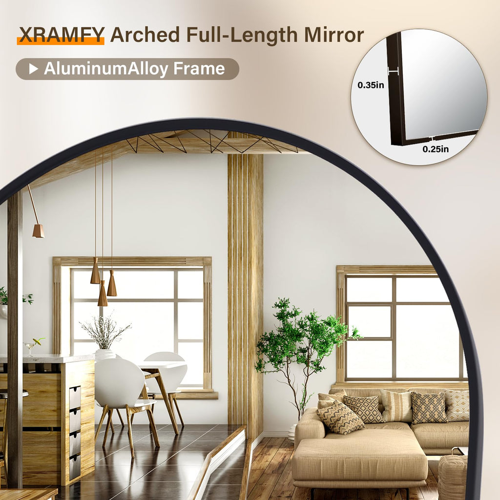 XRAMFY 86"x40" Arched Full Length Mirror Floor Mirrors with Aluminum Alloy Frame Free-Standing Wall Mounted Floor Mirrors or Large Dressing Mirror, Black Mirror Full Length
