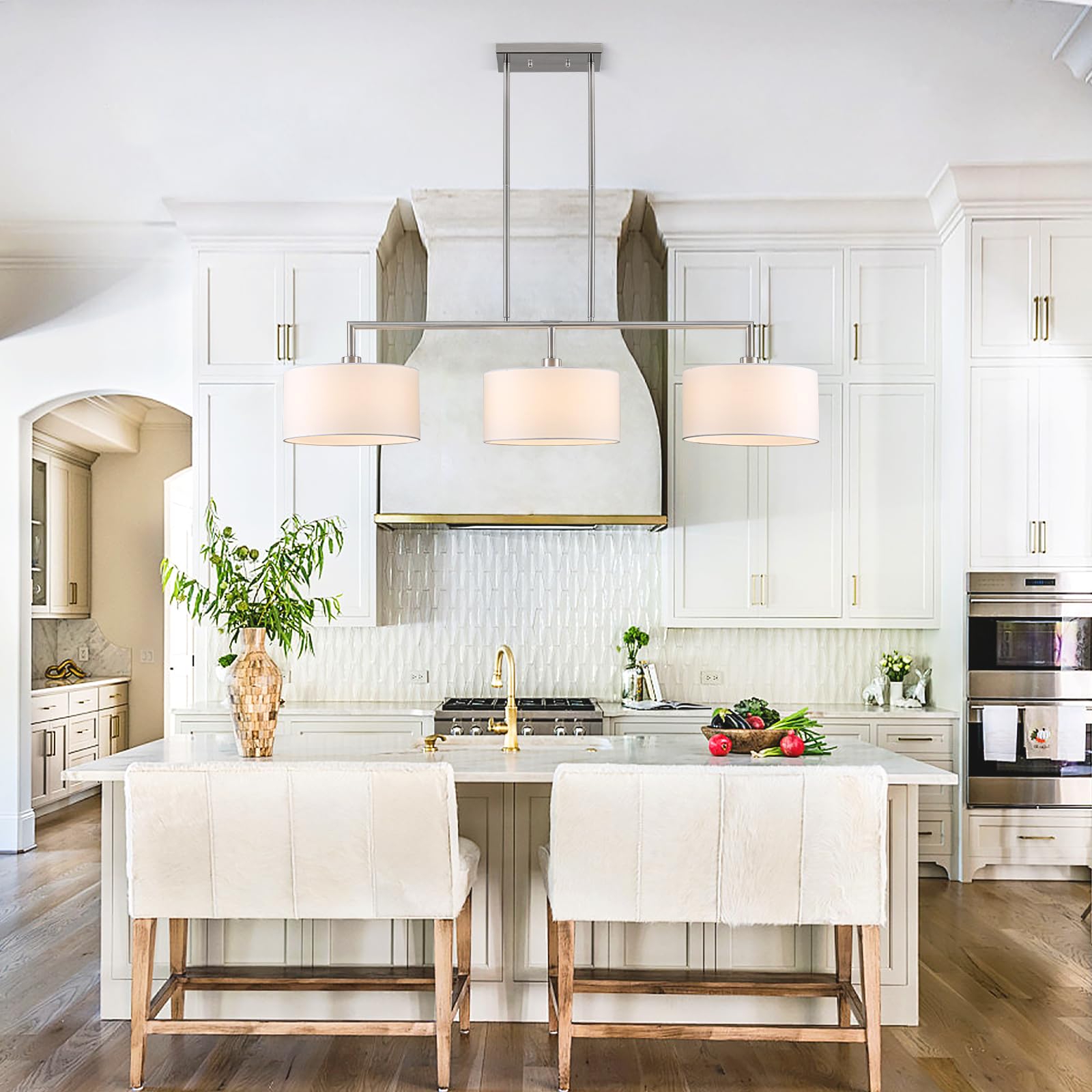 47" Linear Kitchen Island Lighting 3-Light Brushed Nickel Chandelier with White Fabric Drum Shade Adjustable Hanging Pendant Light for Dining Room Light Fixtures Over Table,Kitchen,Bar,Living Room,E26