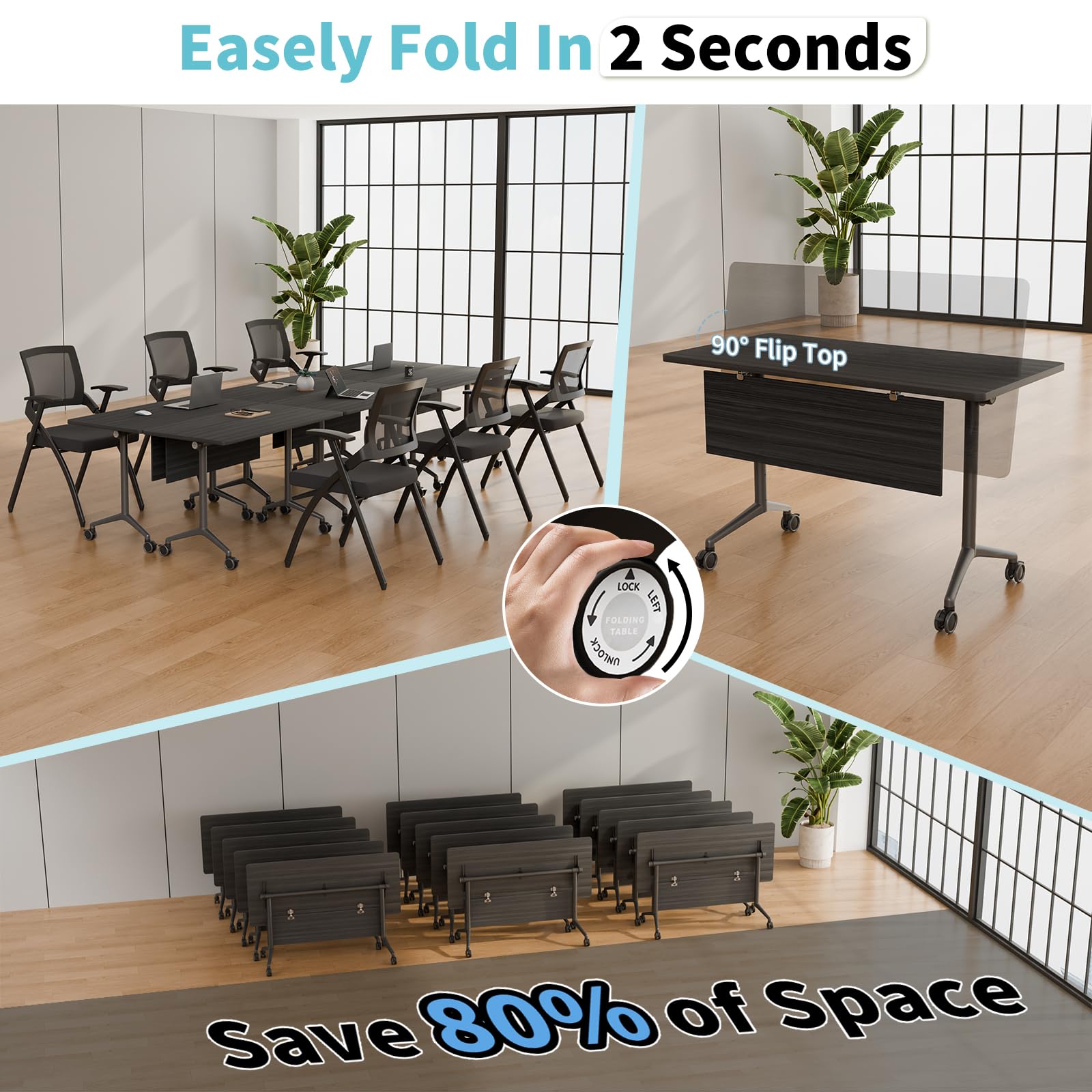 Folding Conference Room Tables with Wheel -Modern Large Modular Conference Table,Stackable Flip Top Training Meeting Table,Space Saving,for Seminar,Office,Classroom(Black A,47IN,2pack)