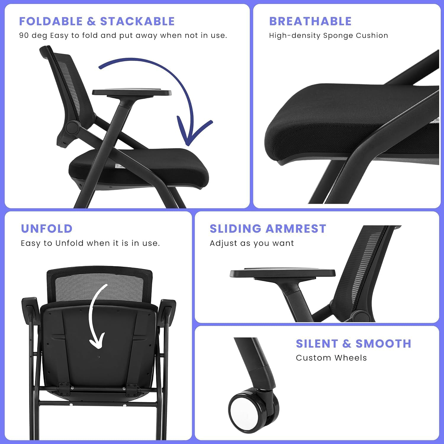 BROBRIYO, 4 Pack Stackable Conference Room Chairs with Wheels and Paddle, Ergonomic Mesh Back and Arms for Meeting, Conference, Reception, Training Room & Home Office Desk Folding Chairs (2 Boxes)