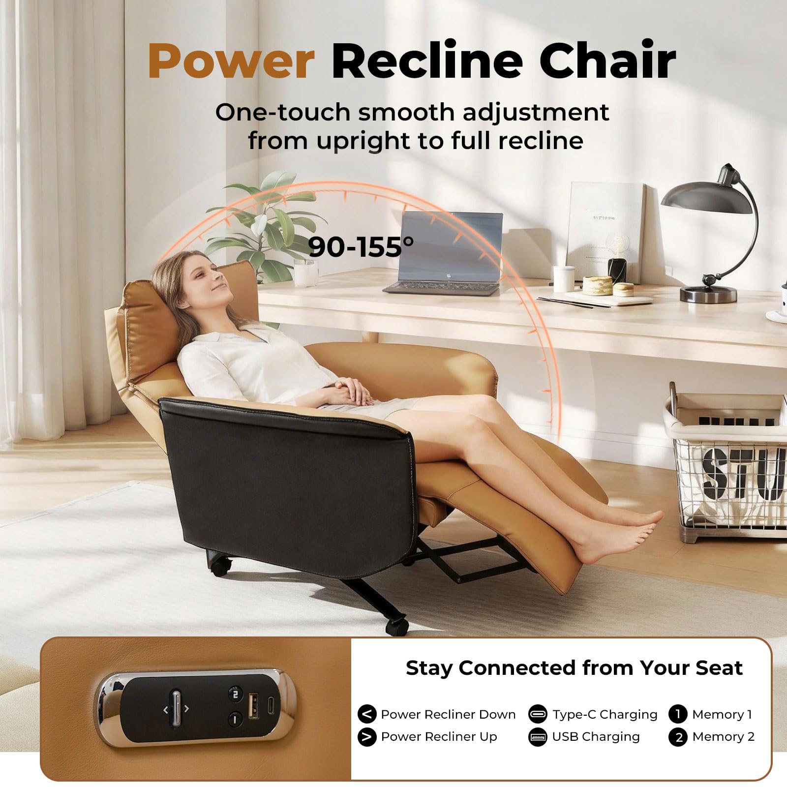 Liftsync Ergonomic Executive Recliner, Adjustable Electric Office Chair 90-155° with Footrest, 4-Position Headrest, 300LBS Heavy Duty, 2-in-1 Base Swivel Desk Chair w/USB, Brown & Black PU Leather