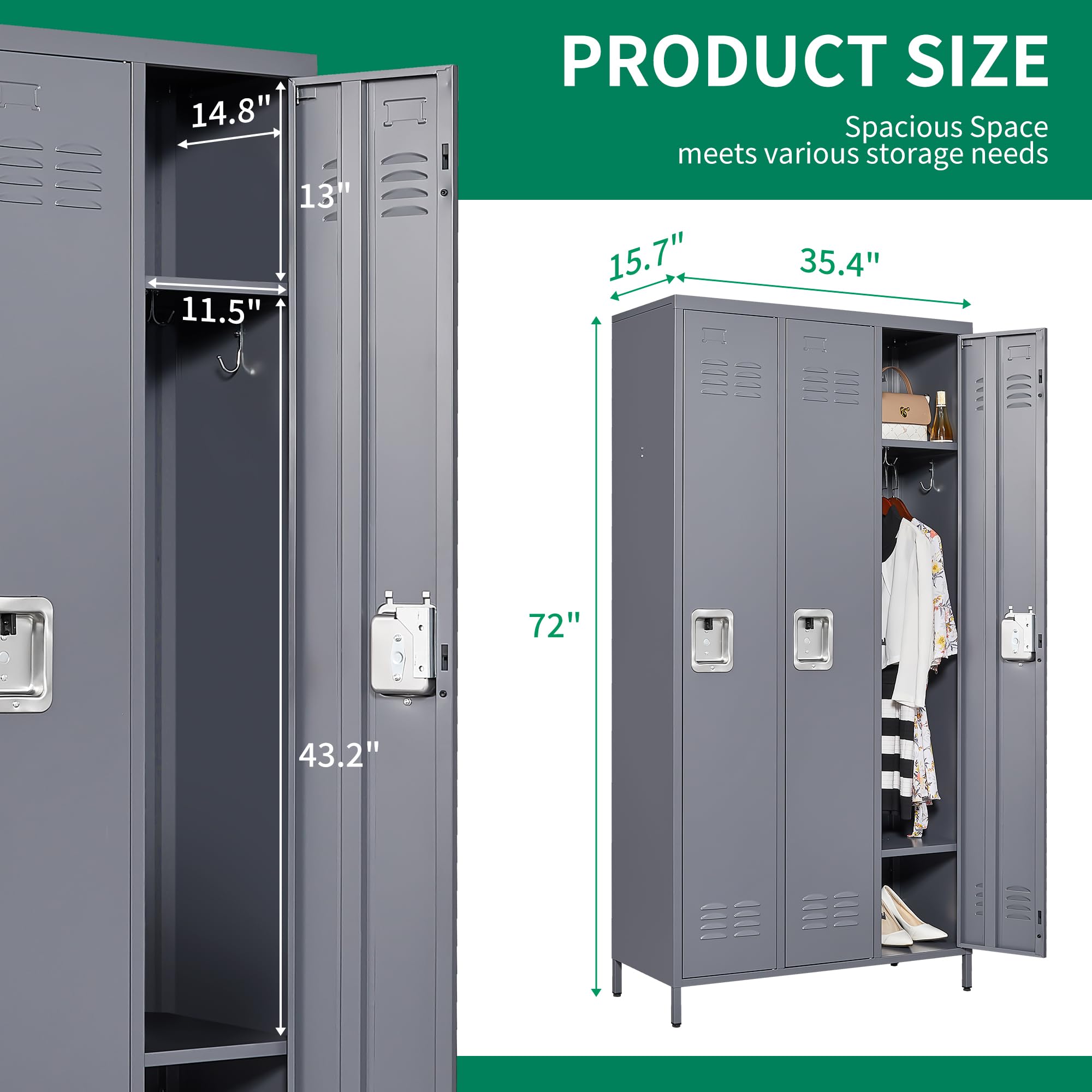 IKIMI Metal Locker 3 Doors Storage Lockers for Employee,72" Tall Locker Cabinet with Shelves and Hooks Steel Sports Staff Locker for Office School Office Gym Home Bedroom Garage