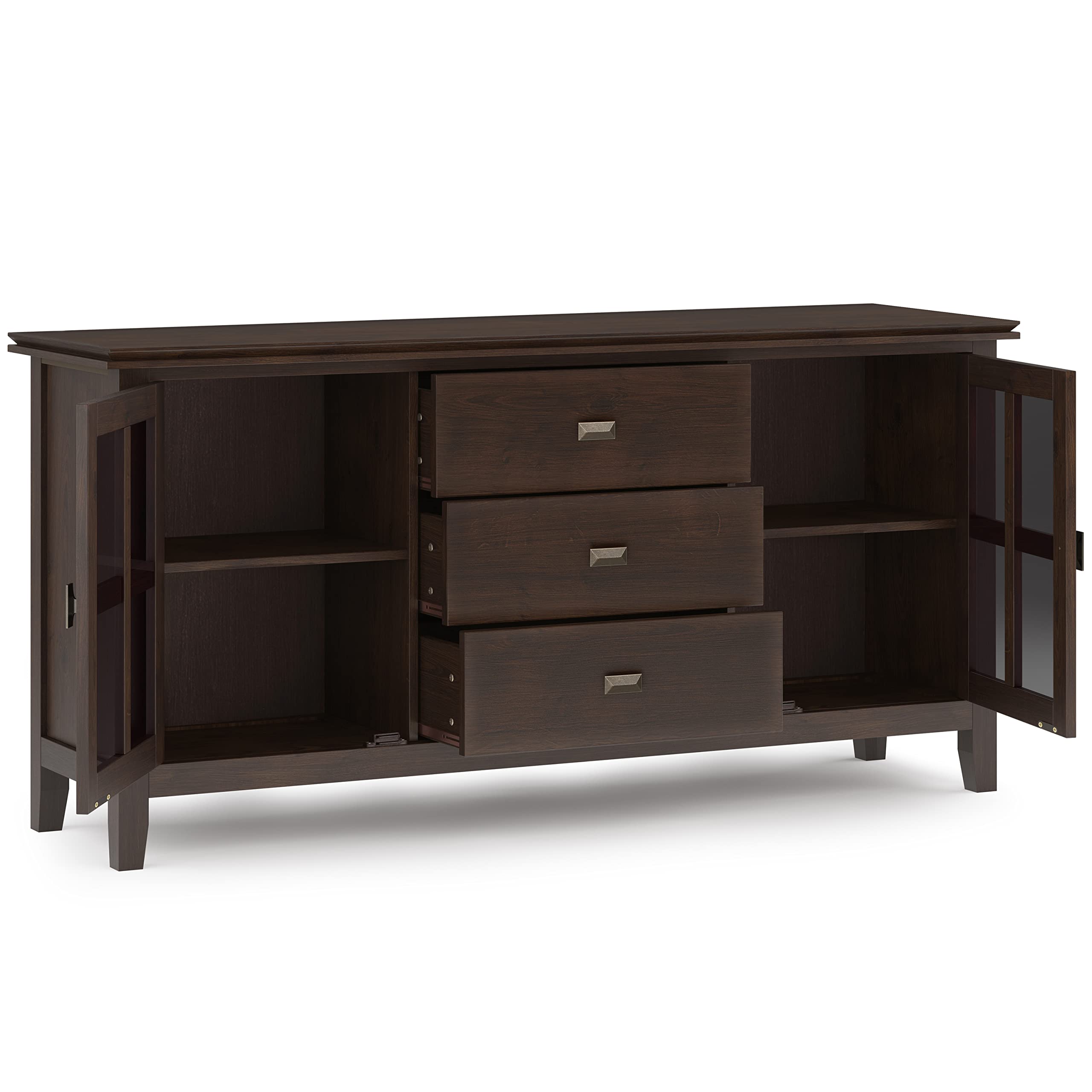 SIMPLIHOME Artisan Buffet - 60 inch Wide Solid Wood 3-Door Sideboard Buffet in Dark Chestnut Brown, Contemporary Storage Cabinet for Dining Room or Kitchen with Adjustable Shelves and Bronze Hardware