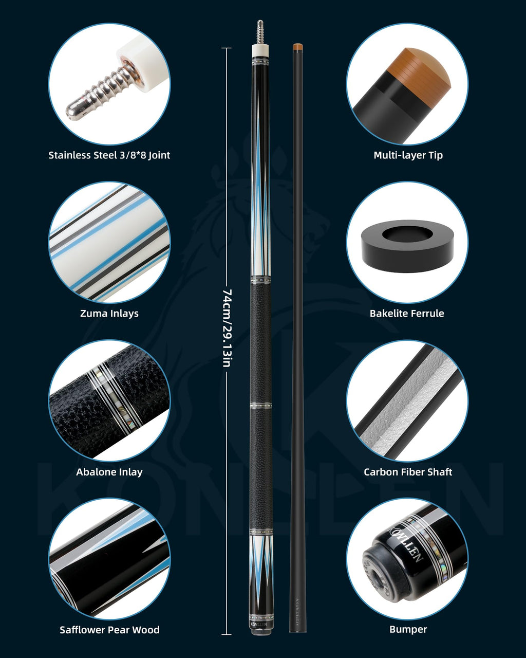 KONLLEN Handcrafted Inlay Carbon Fiber Pool Cue – Low Deflection Performance Billiard Cue