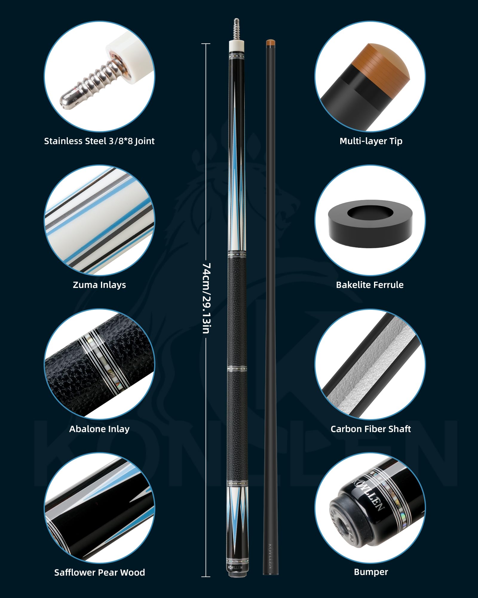 KONLLEN Handcrafted Inlay Carbon Fiber Pool Cue – Low Deflection Performance Billiard Cue