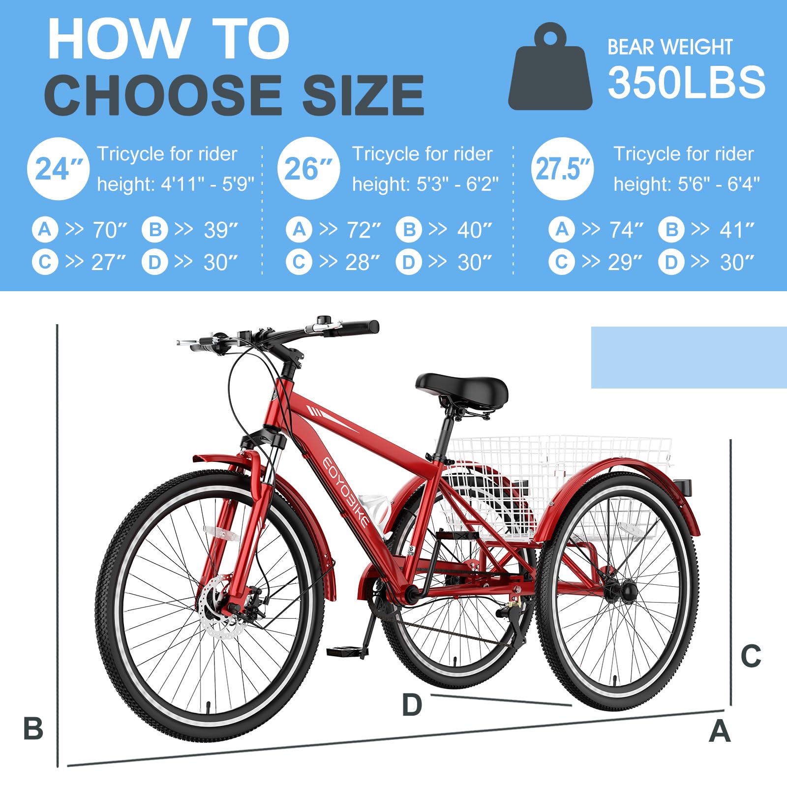 Slsy Adult Mountain Tricycle, 7 Speed Three Wheel Bike, 24/26 Inch Adults Trikes for Seniors with Shopping Basket, Exercise Men's Women's Tricycles