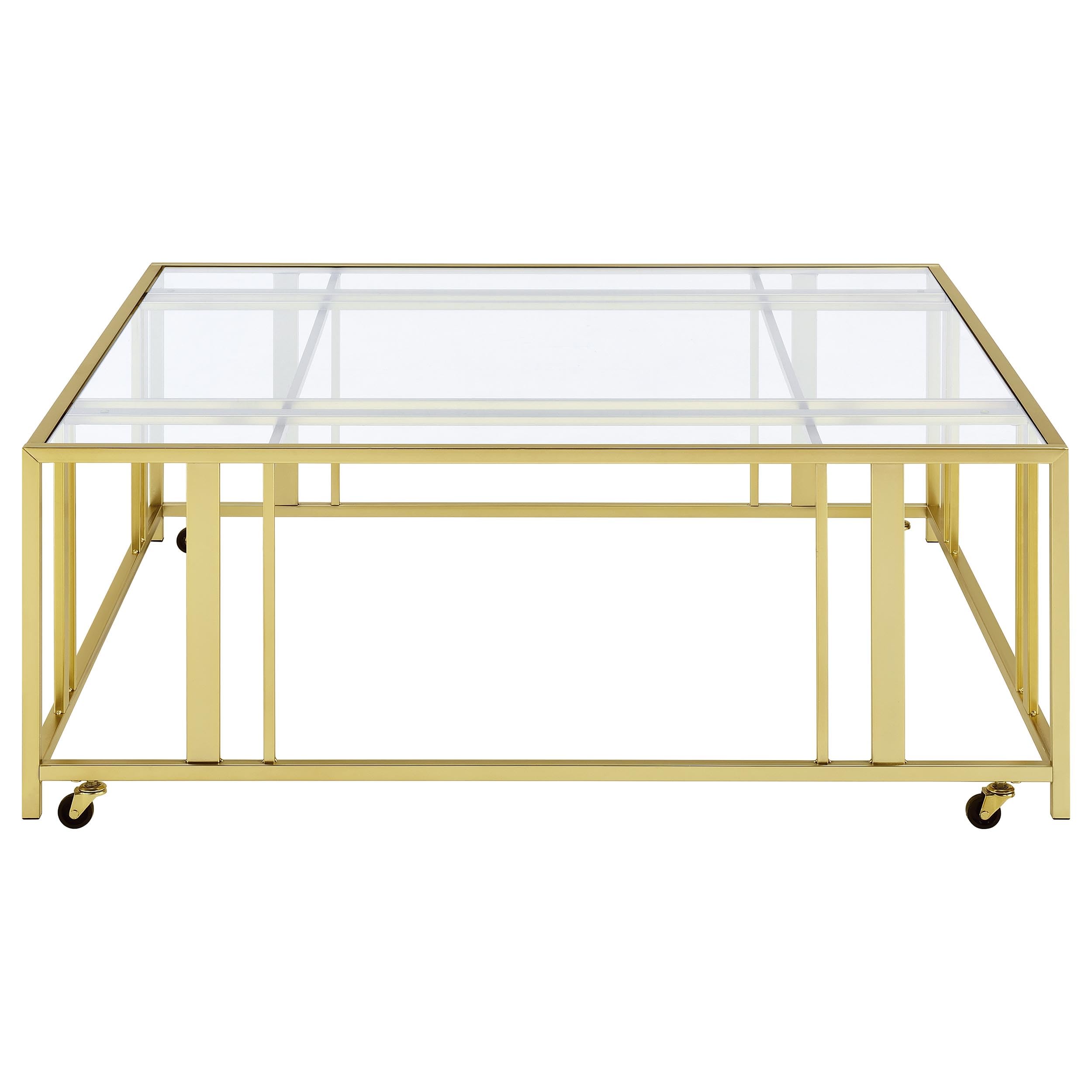 Coaster Home Furnishings - Adri - Square Glass Top Coffee Table with Geometric Base and Mobile with Rolling Casters - Contemporary - Living Room - Matte Brass - 710188
