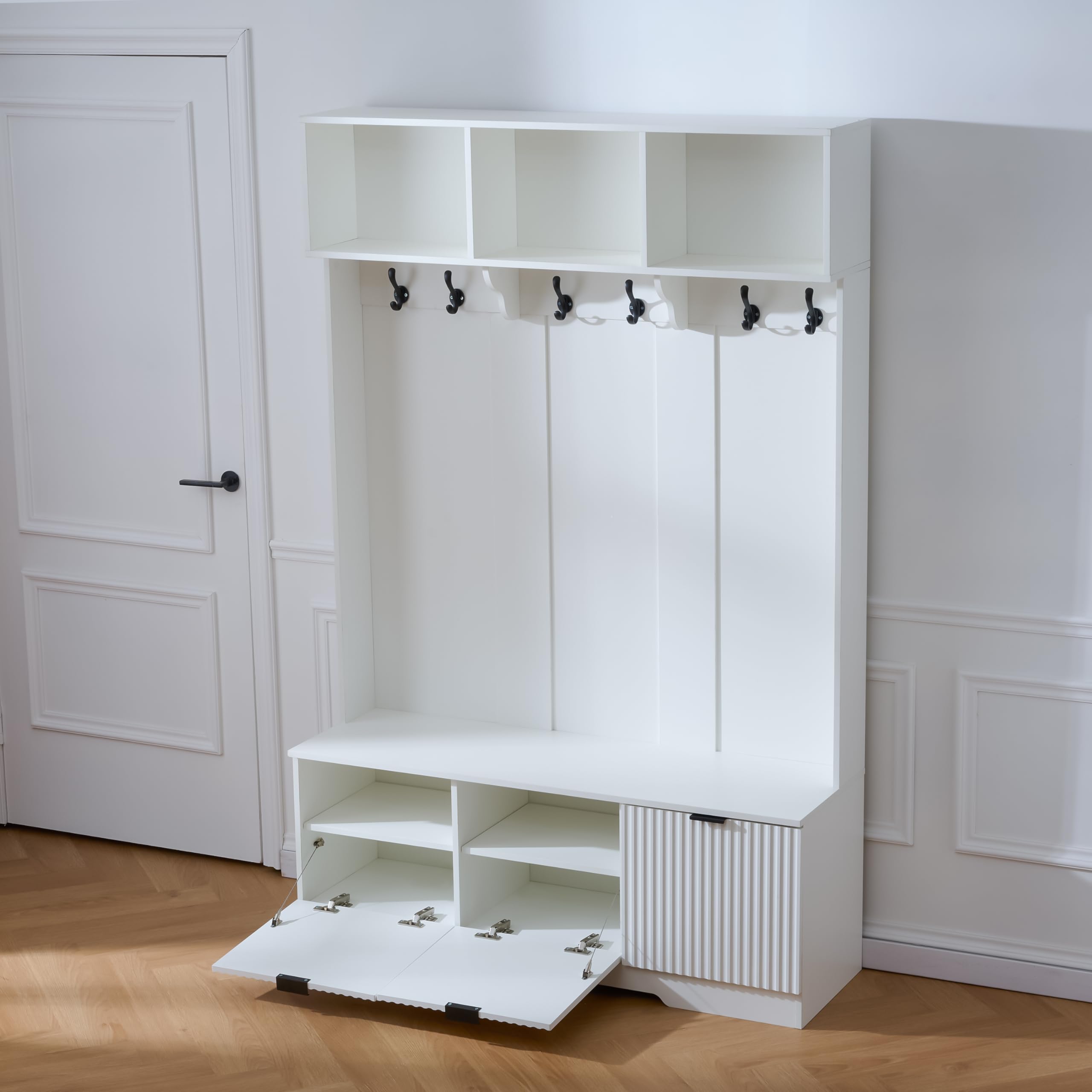KEIKI 5-in-1 Hall Tree with Bench, Shoe Storage & 3 Open Storage Cabinets, Multi-Functionale Farmhouse Hall Tree with High Gloss Fluted Doors for Hallway Living Room, White