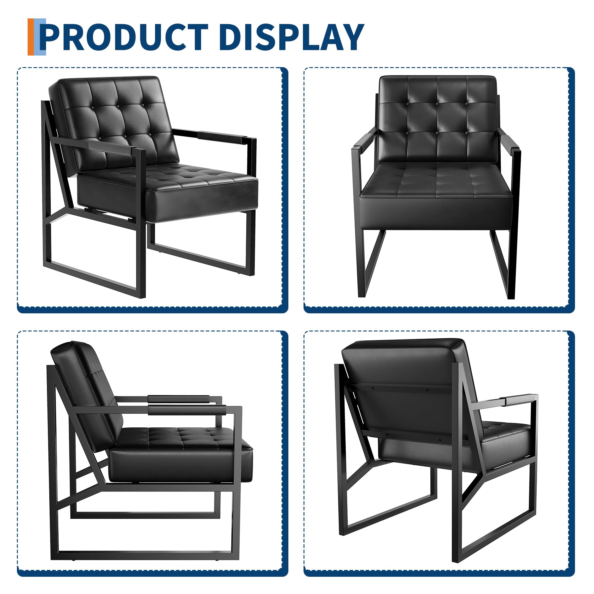 GarveeLife Mid Century Modern Accent Chair, PU Leather Upholstered Armchair with Thick Cushion & Sturdy Metal Frame, Retro Lounge Chair for Living Room Bedroom Office Lobby Waiting Room, Black 2 Pack