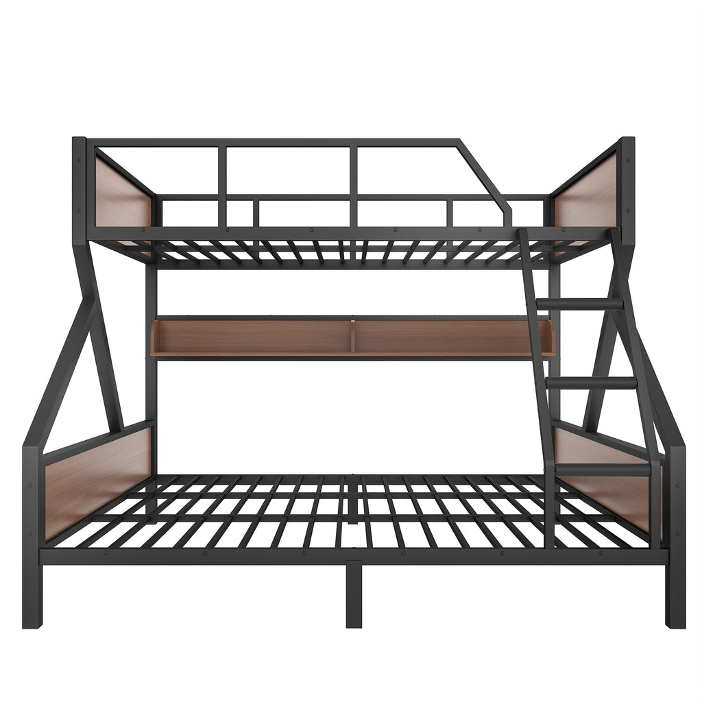 Bellemave Queen Over King Size Bunk Bed with Storage Shelves and LED Lights,Heavy Duty Adult Bunk Beds with Angled Ladder,Metal Queen Bunk Bed,Black