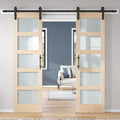 ROYMELO Double 24×84 inch Glass Sliding Barn Door Slab with 8ft Hardware Kit Included, 5-Panel Frosted Glass, Spruce Wood Support DIY Dyeing, Easy Assembly