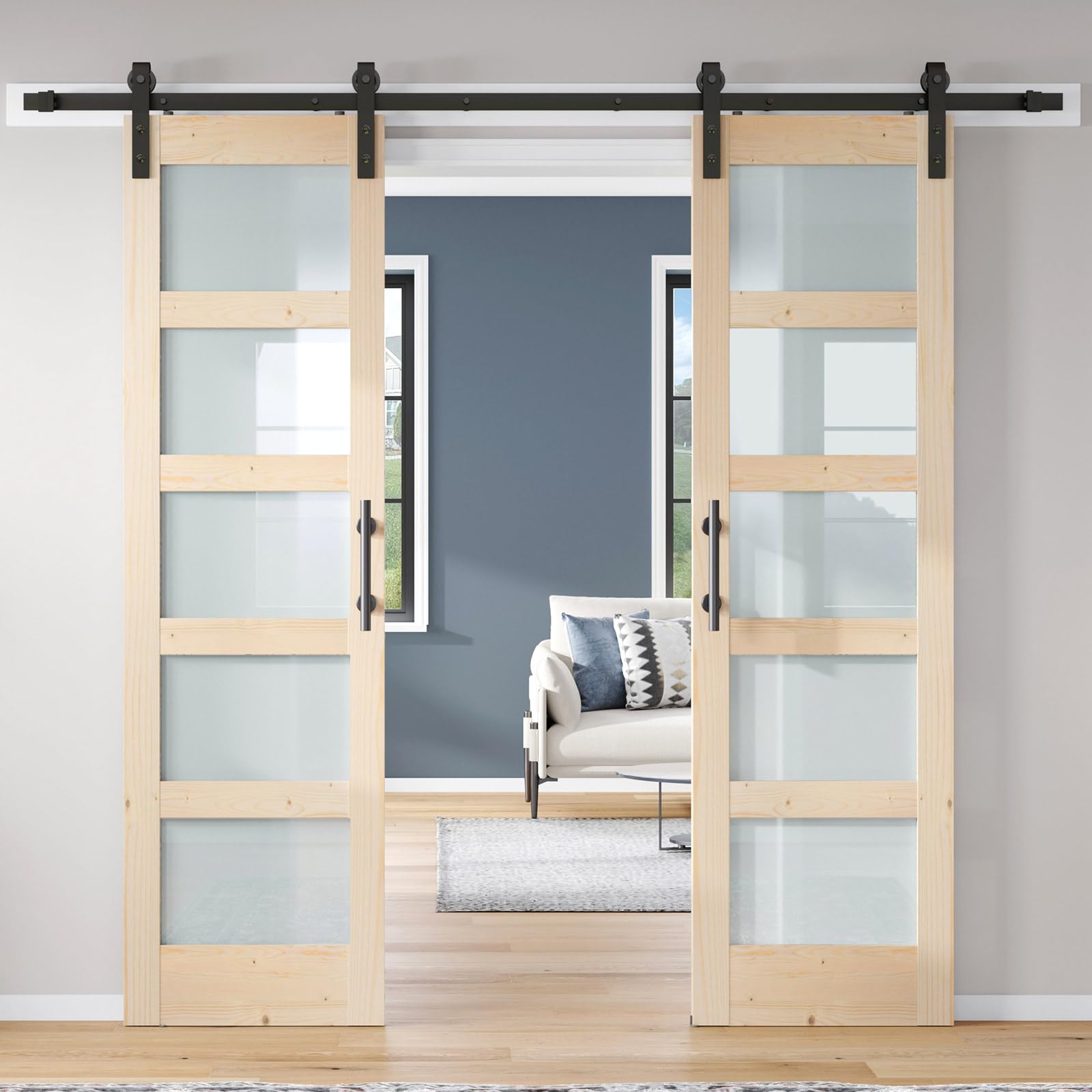 ROYMELO Double 24×84 inch Glass Sliding Barn Door Slab with 8ft Hardware Kit Included, 5-Panel Frosted Glass, Spruce Wood Support DIY Dyeing, Easy Assembly