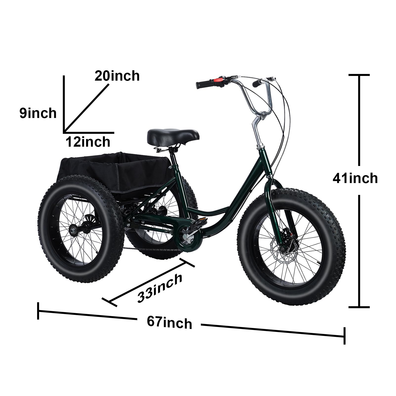 20 Inch Adult Tricycle 7 Speed, Fat Tire Trike Drift Tricycle with Double Disc Brake, High Carbon Steel 3 Wheel Bike for Seniors Adults 450 Lbs Capacity Shopping Basket Cruiser Bicycle (Black)