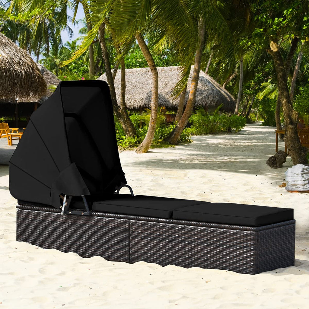HAPPYGRILL Patio Chaise Lounge with Retractable Canopy, Outdoor Reclining Chair with Adjustable Backrest, Rattan Wicker Daybed with Coffee Table for Beach Poolside Backyard Balcony Porch